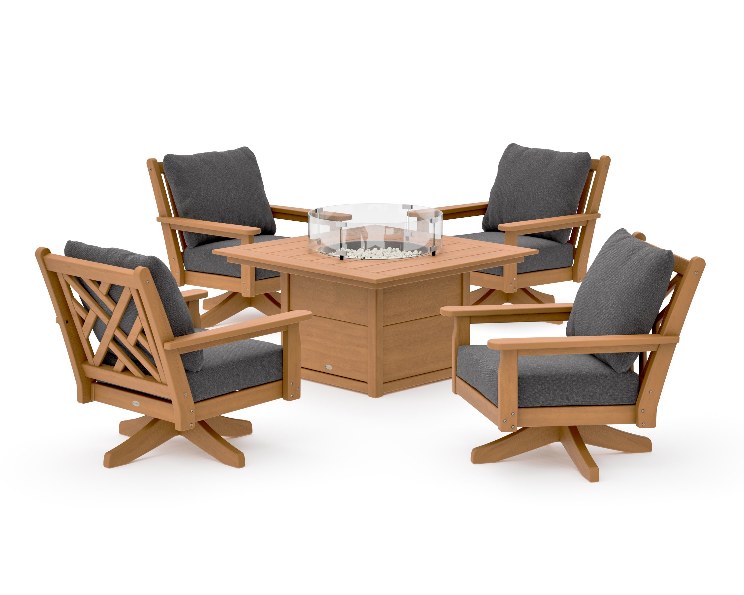 Chippendale 5-Piece Deep Seating Swivel Conversation Set with Fire Pit Table in Natural / Ash Charcoal