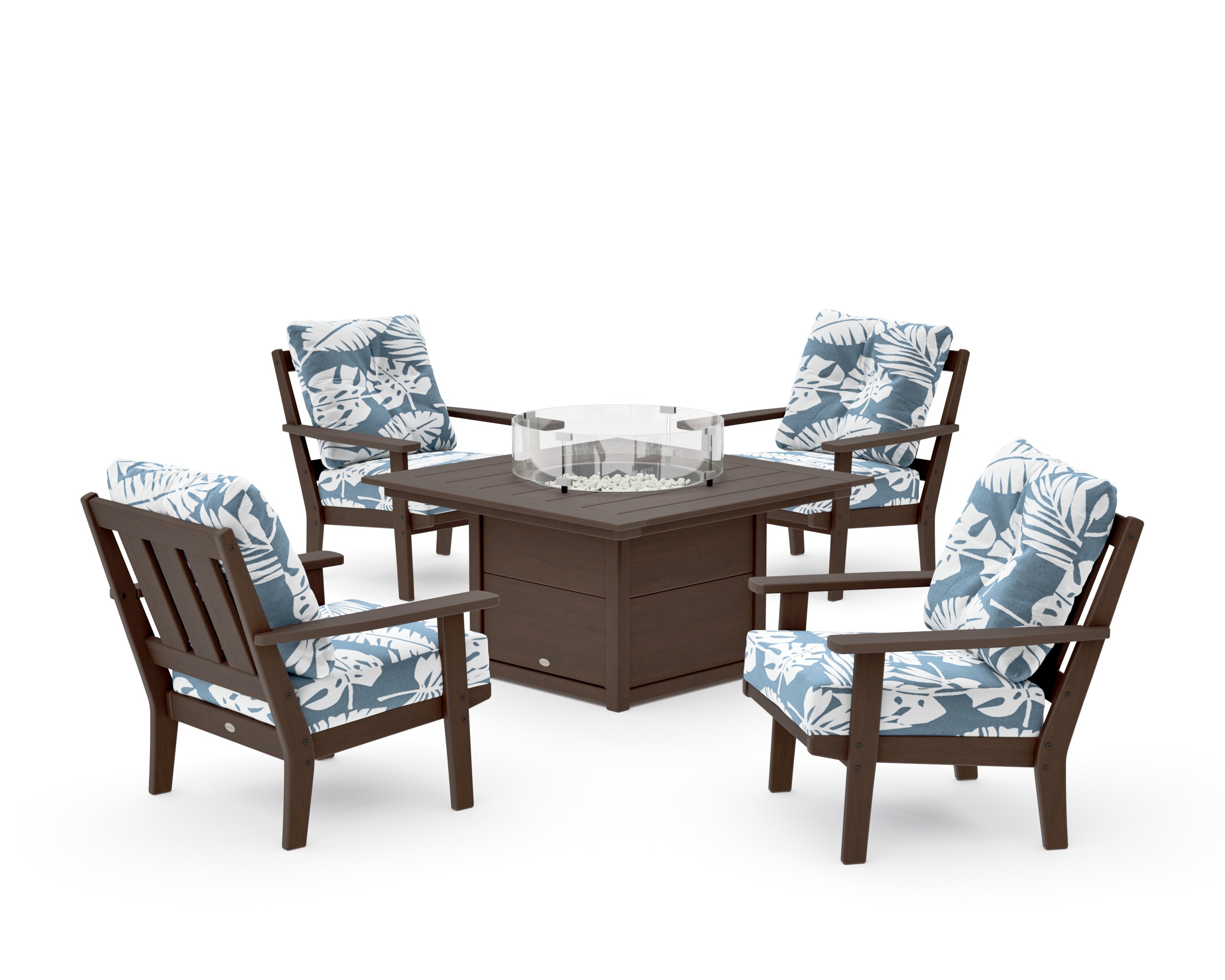 Oxford 5-Piece Deep Seating Set with Fire Pit Table in Kona / Leaf Sky Blue