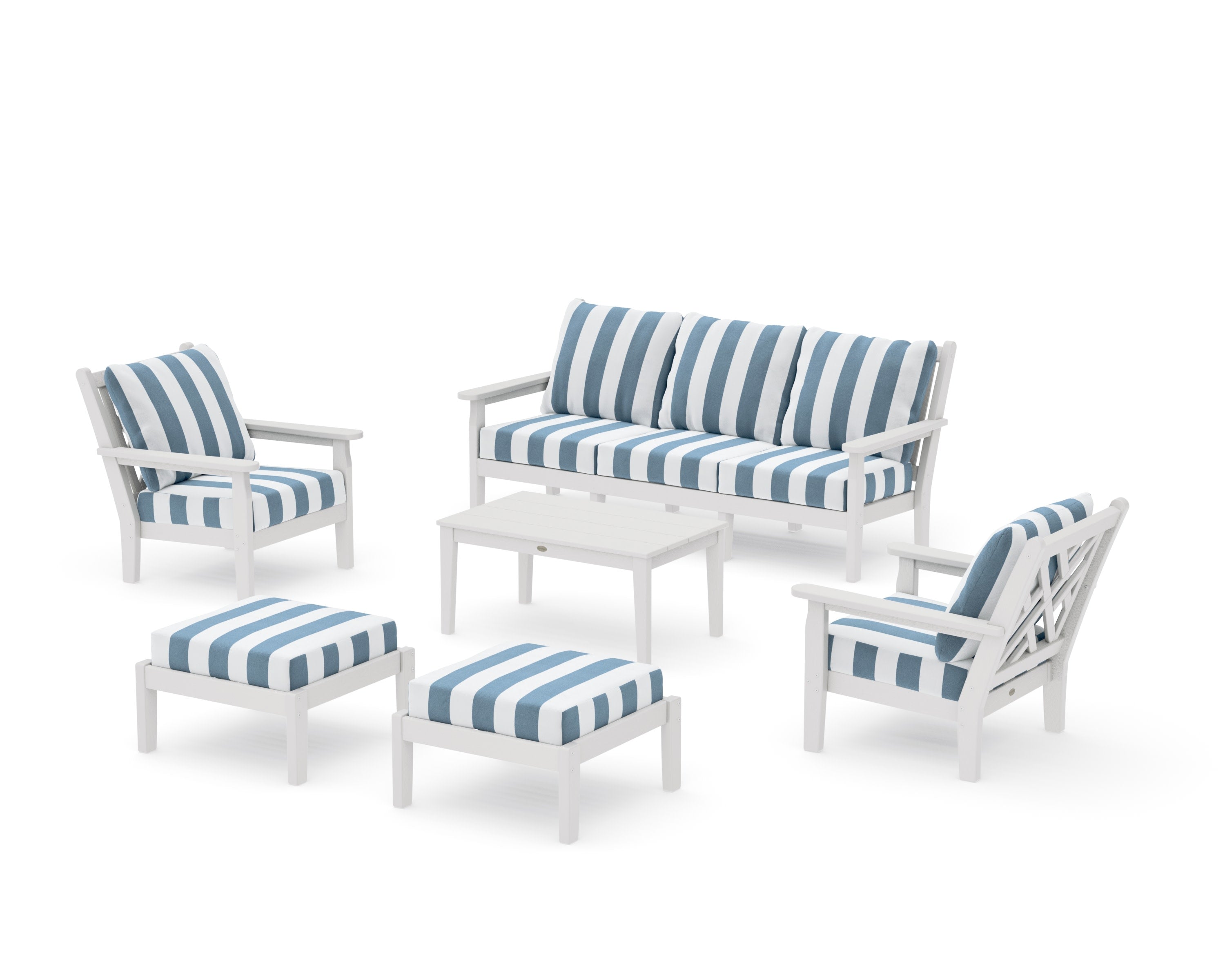 Chippendale 6-Piece Lounge Sofa Set in Vintage White / Cabana Stripe Sky Blue