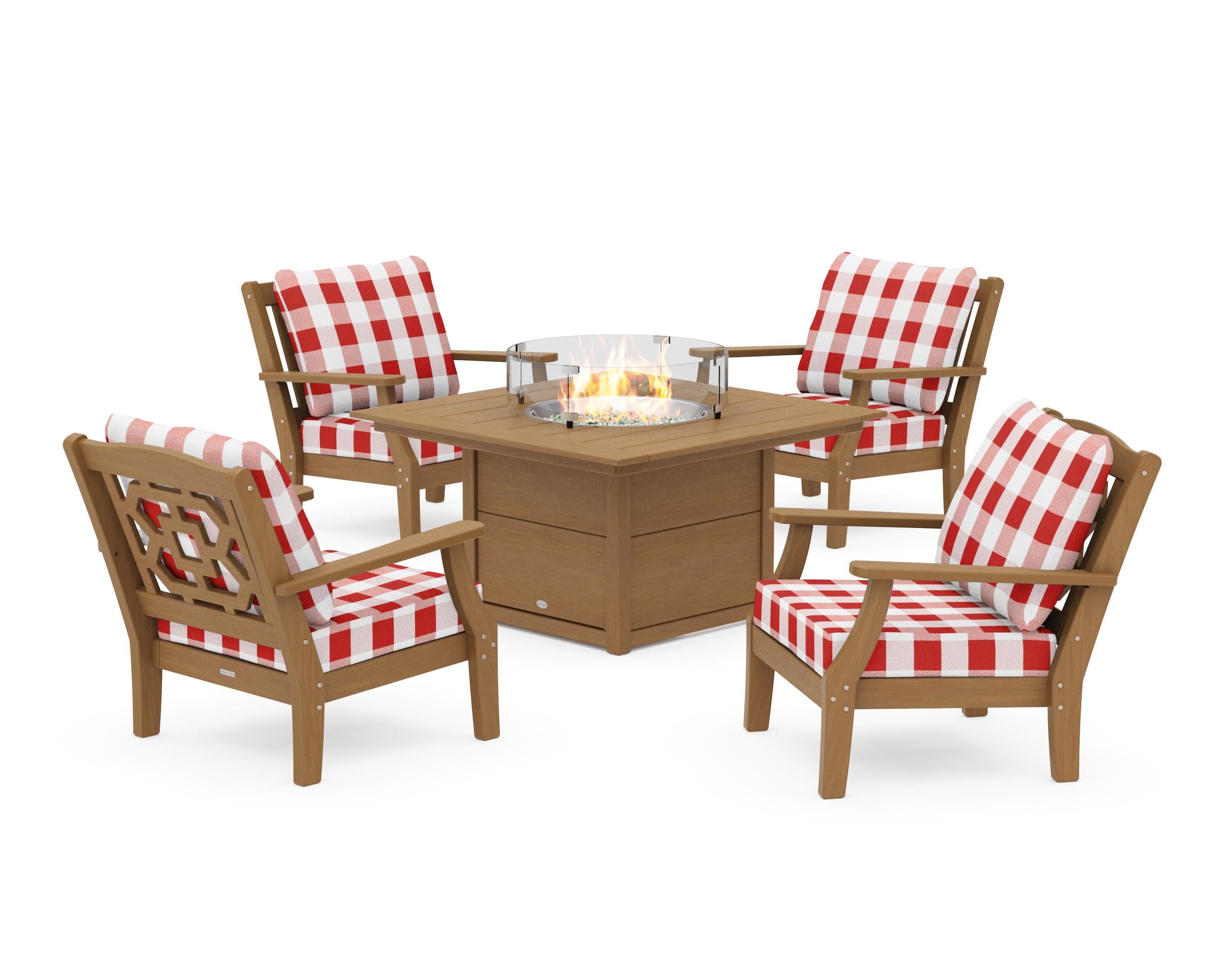 Chinoiserie 5-Piece Deep Seating Set with Fire Pit Table in Natural / Buffalo Plaid Crimson