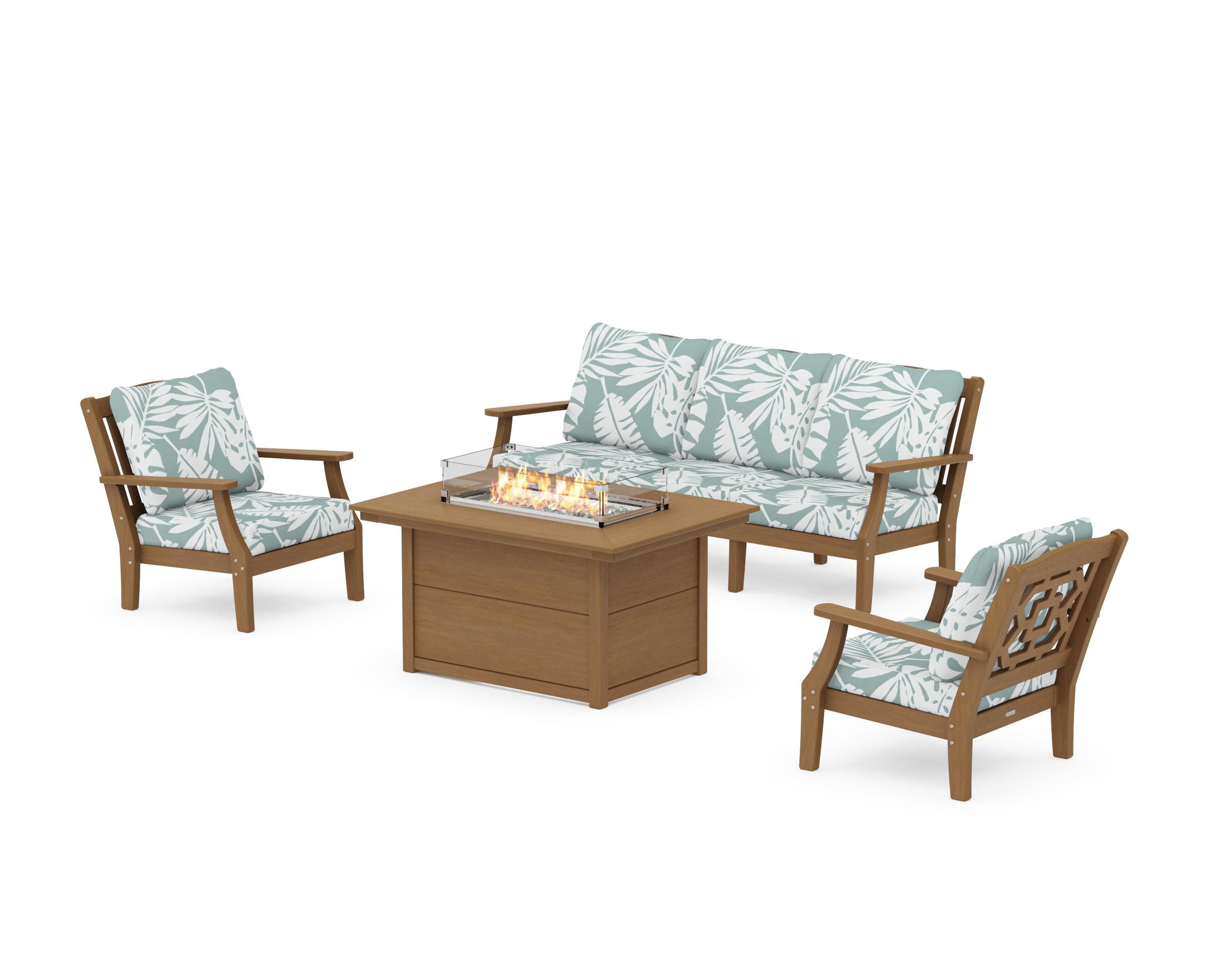 Chinoiserie Deep Seating Fire Pit Table Set in Natural / Leaf Glacier Spa