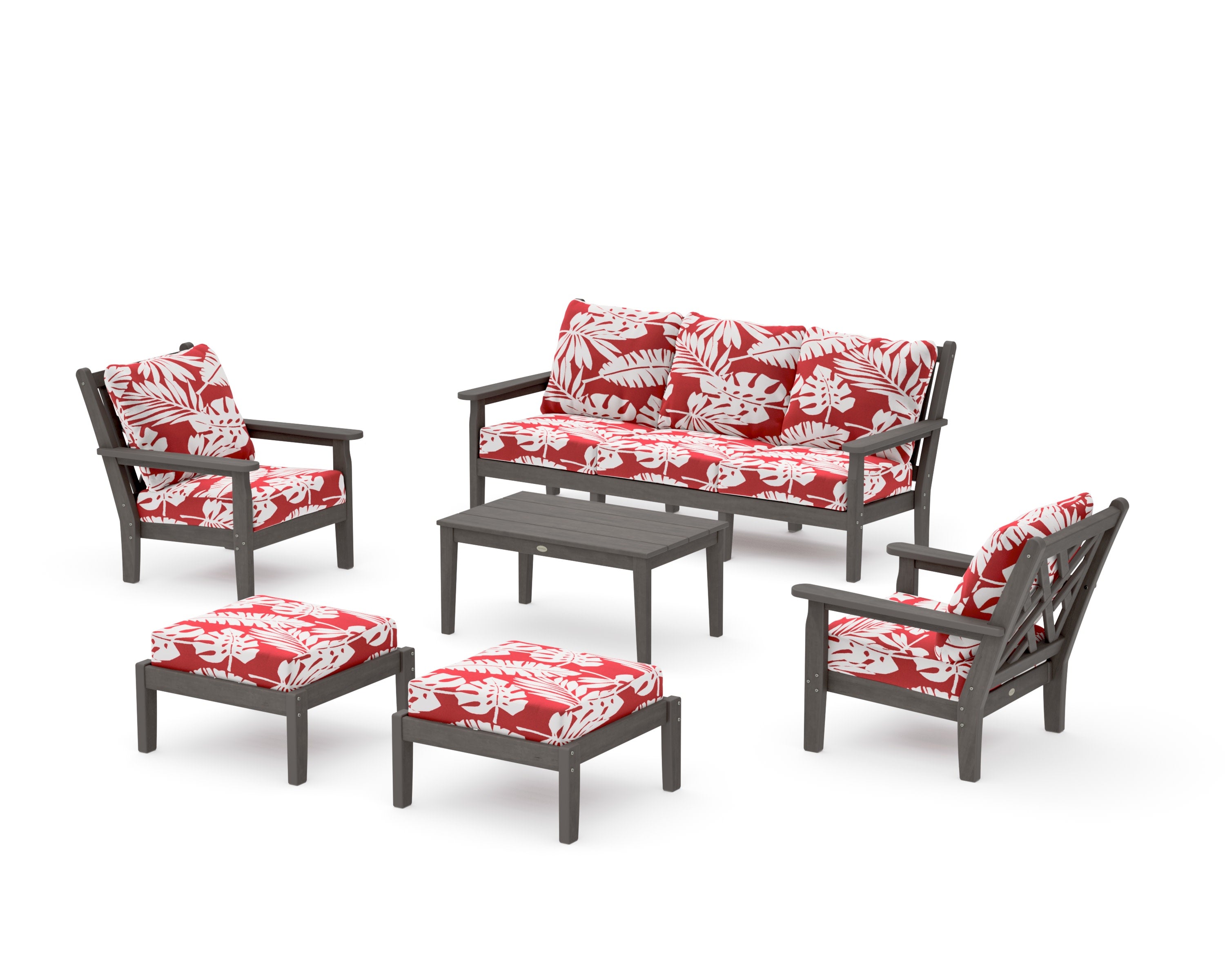 Chippendale 6-Piece Lounge Sofa Set in Driftwood / Leaf Crimson