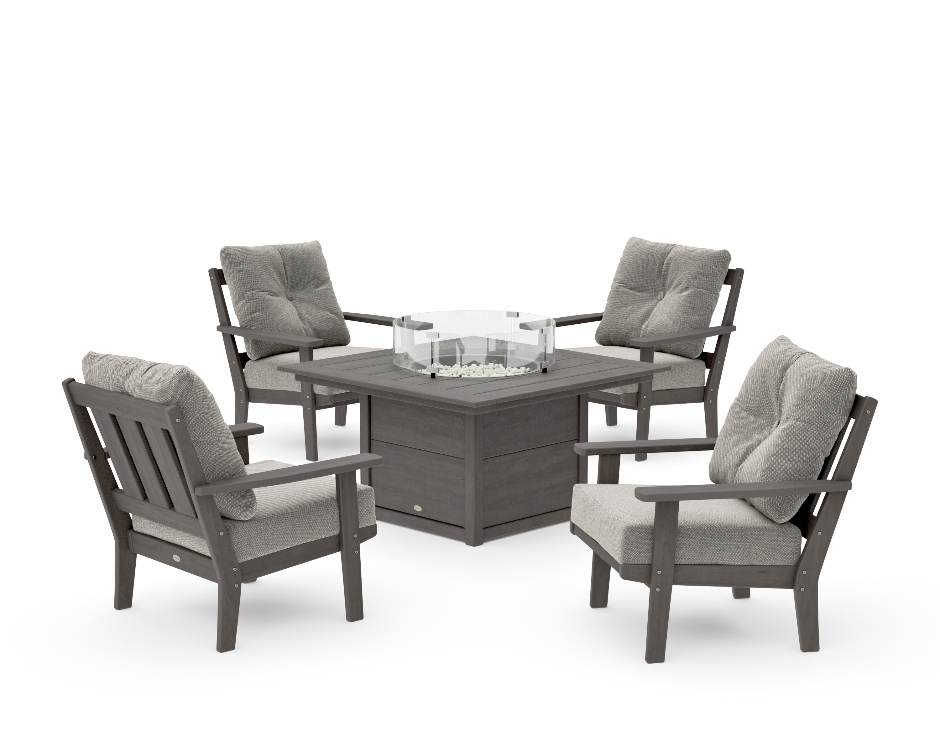Oxford 5-Piece Deep Seating Set with Fire Pit Table in Driftwood / Weathered Tweed