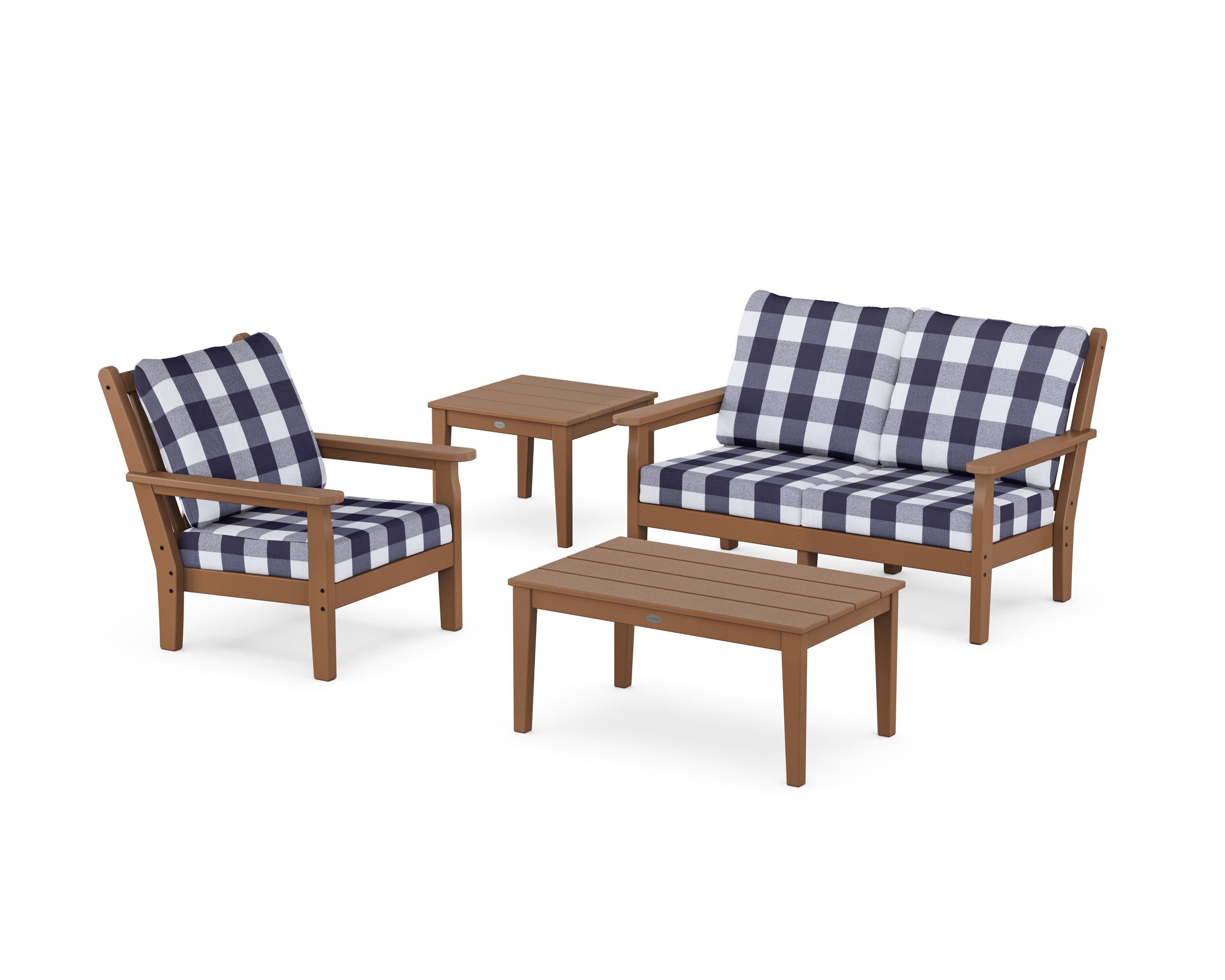 Chippendale 4-Piece Deep Seating Set in Teak / Buffalo Plaid Navy