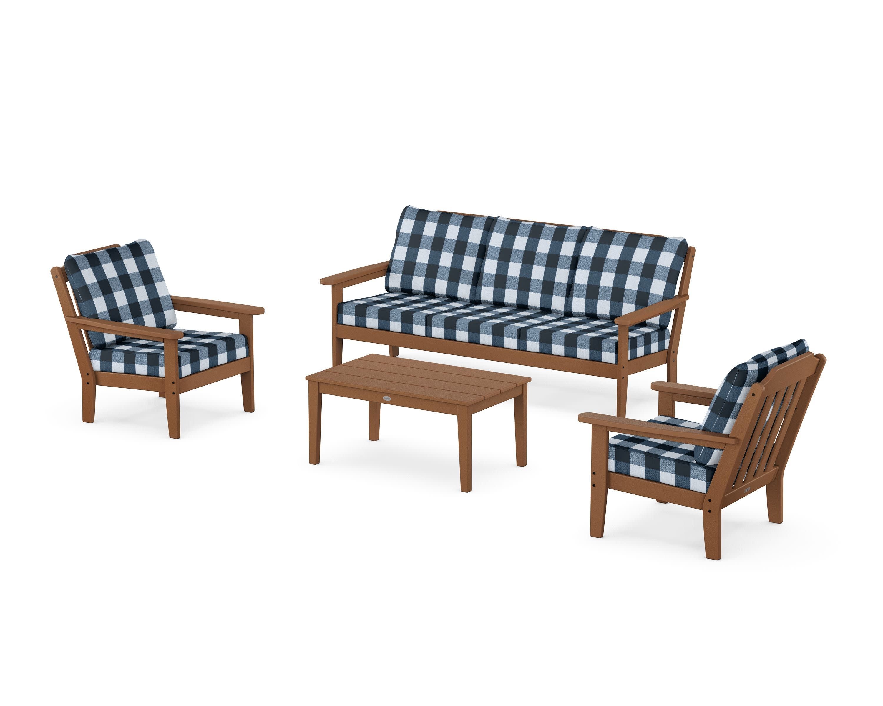 Cottage 4-Piece Deep Seating Set with Sofa in Teak / Buffalo Plaid Marine Indigo