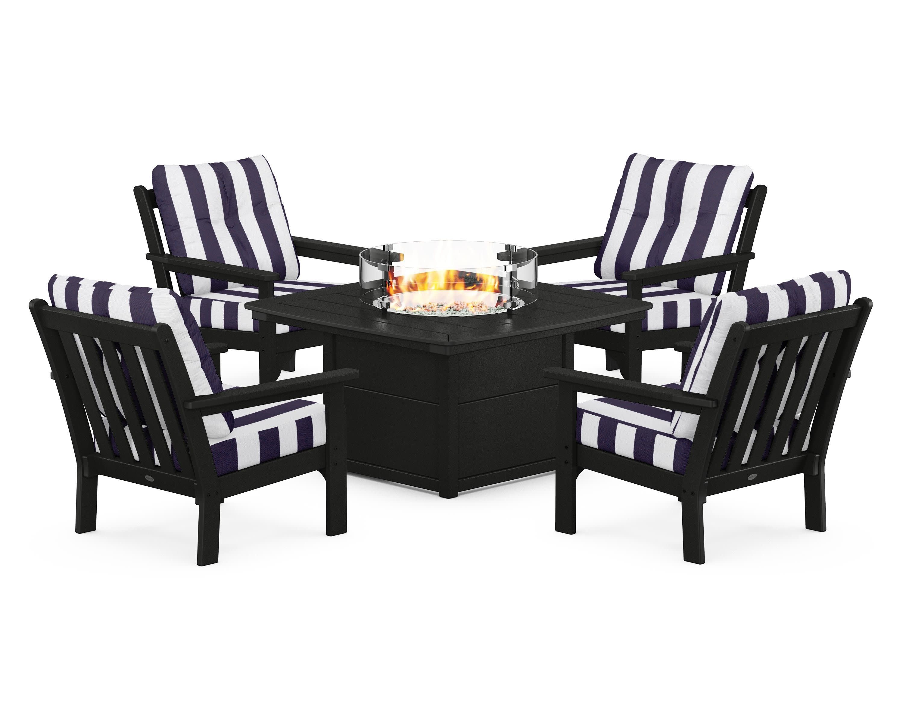 Vineyard 5-Piece Conversation Set with Fire Pit Table in Black / Cabana Stripe Navy