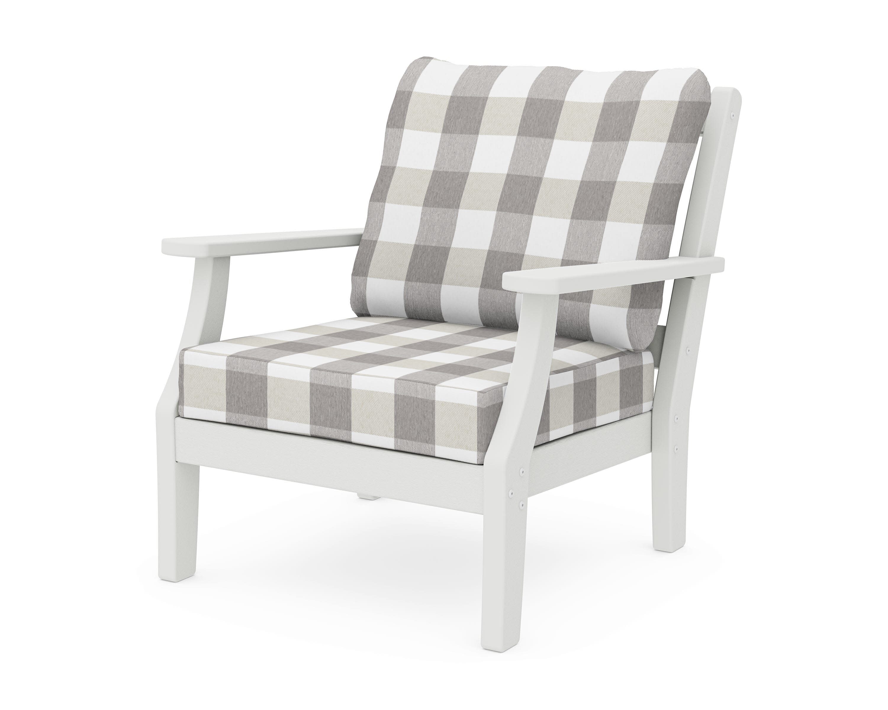 Chinoiserie Deep Seating Chair in Vintage White / Buffalo Plaid Grey Mist