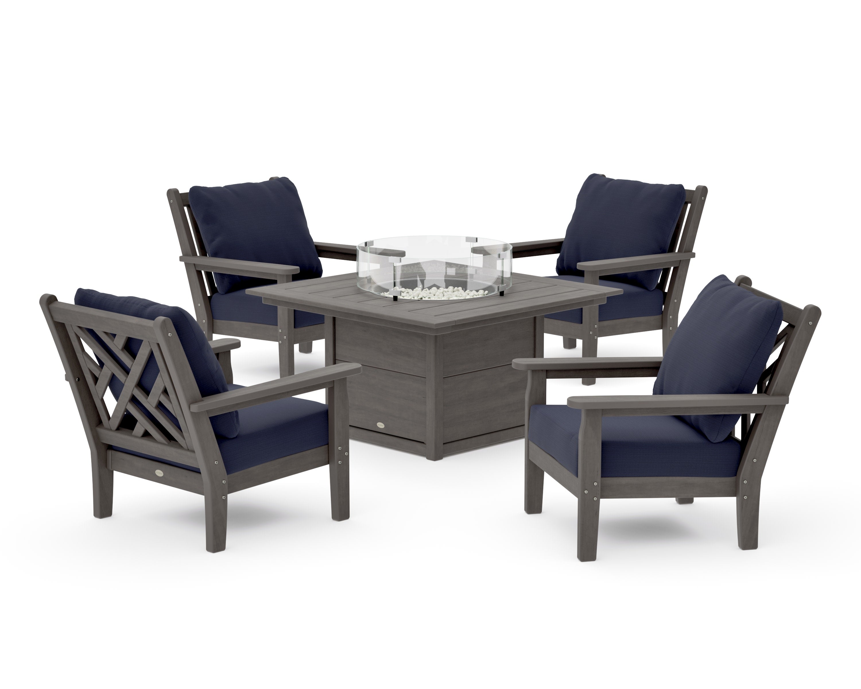 Chippendale 5-Piece Deep Seating Set with Fire Pit Table in Driftwood / Navy Linen