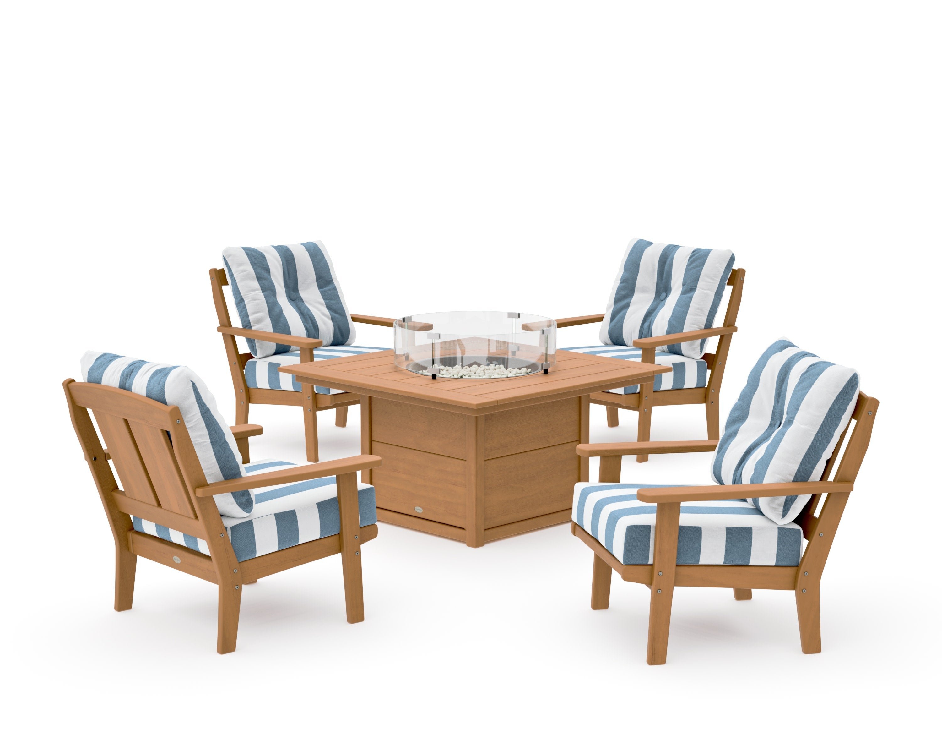 Mission 5-Piece Deep Seating Set with Fire Pit Table in Natural / Cabana Stripe Sky Blue