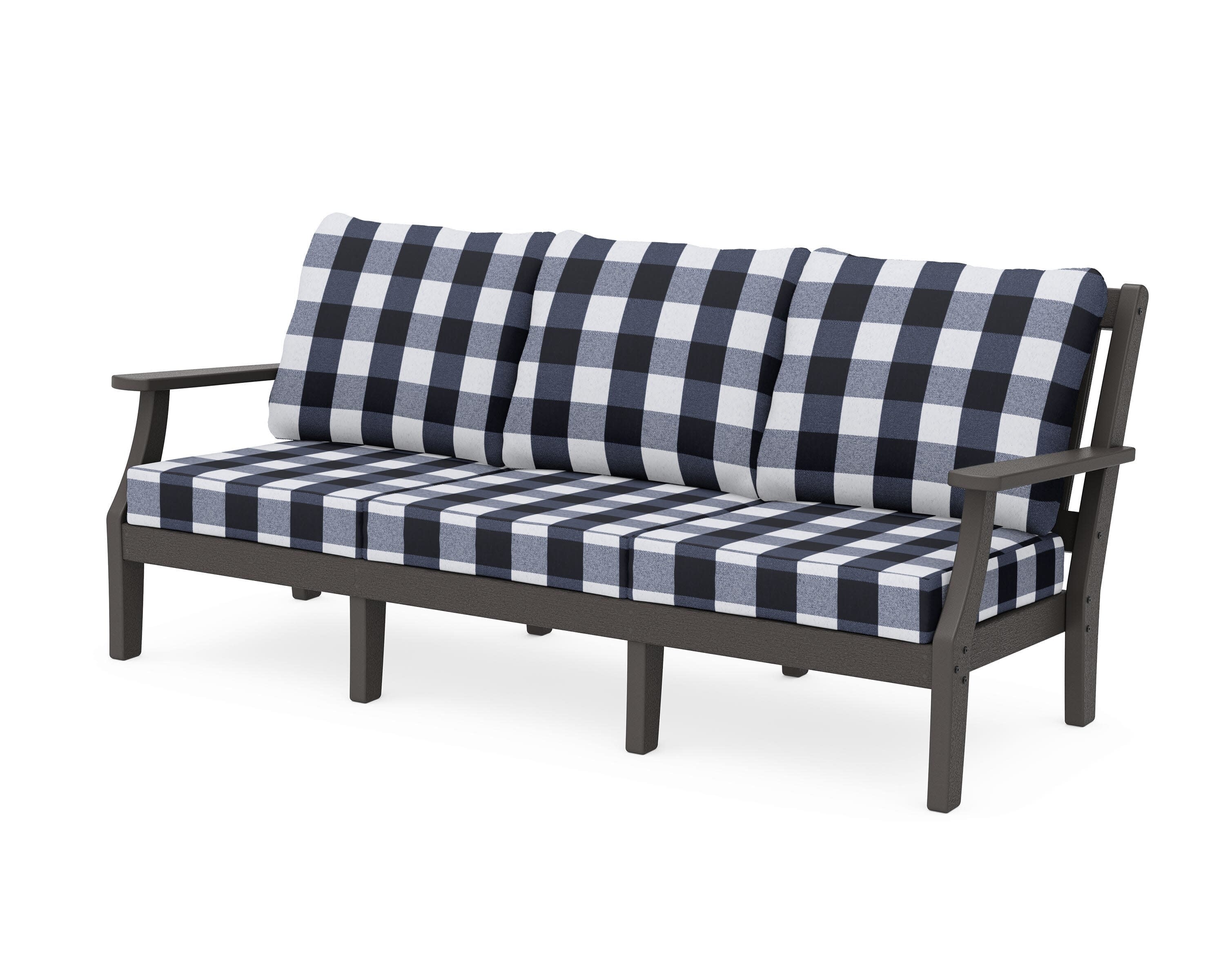 Chinoiserie Deep Seating Sofa in Vintage Coffee / Buffalo Plaid Marine Indigo
