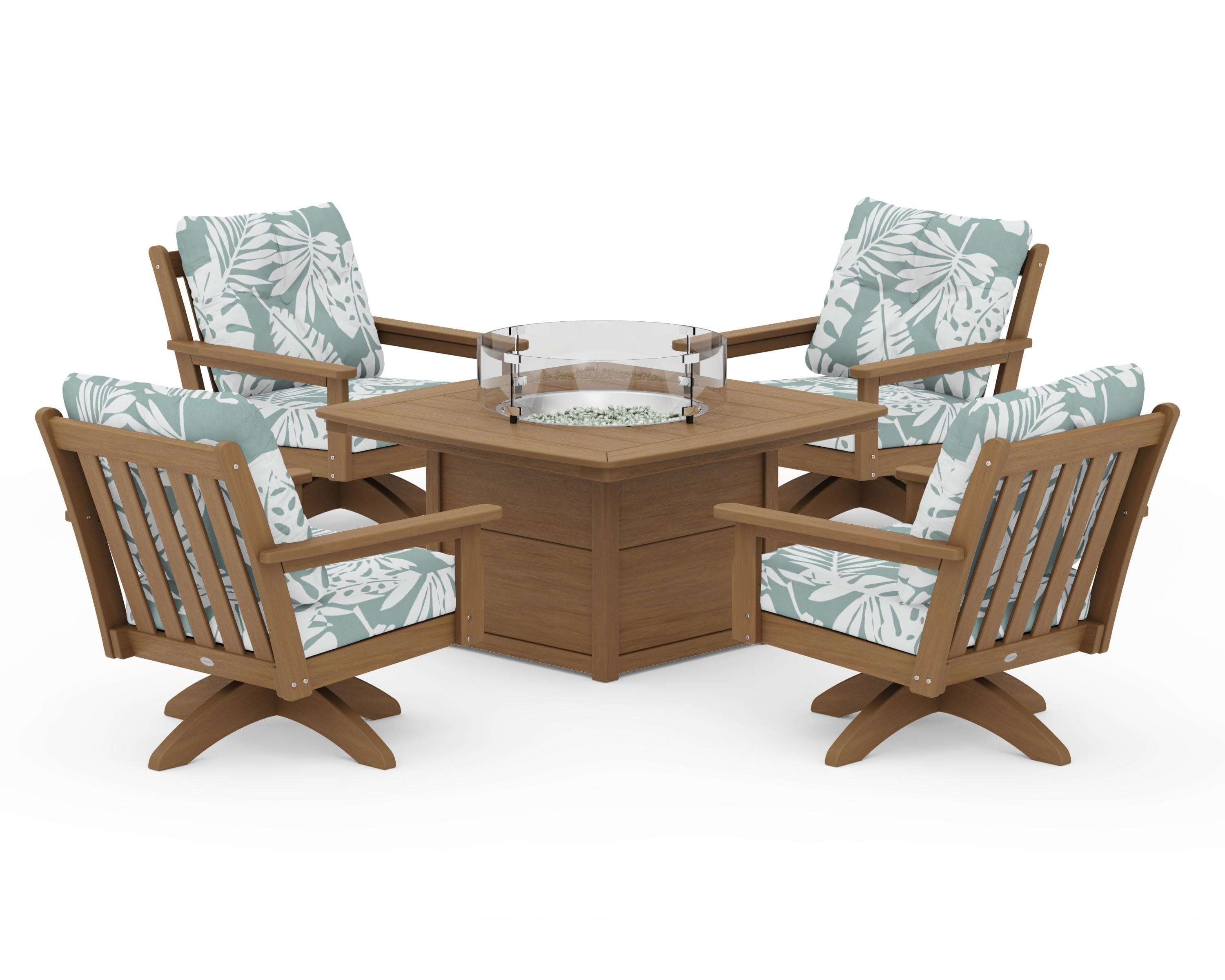 Vineyard 5-Piece Deep Seating Swivel Conversation Set with Fire Pit Table in Natural / Leaf Glacier Spa