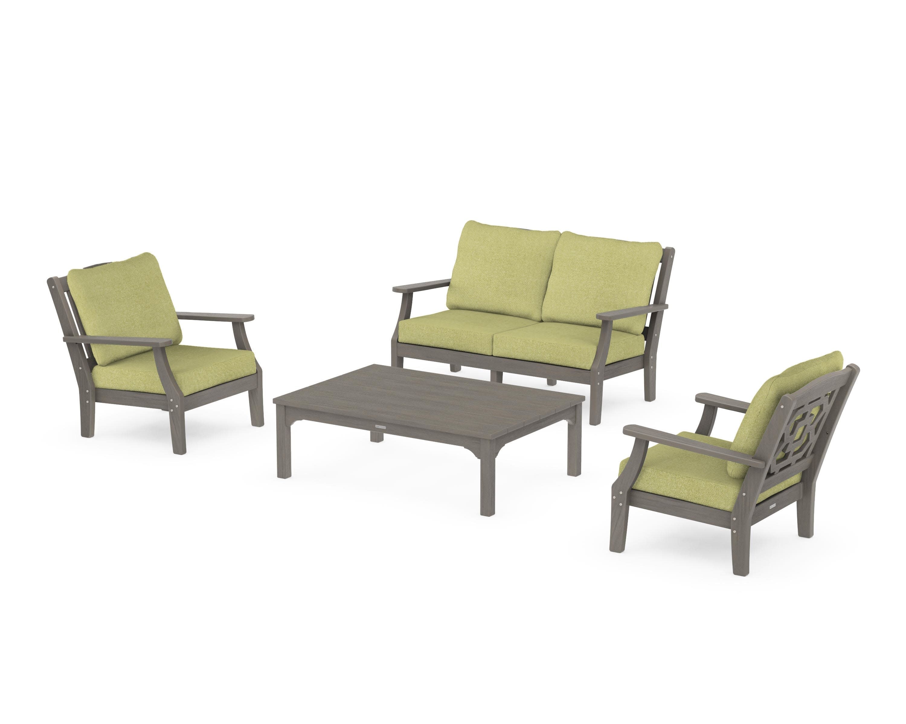 Chinoiserie 4-Piece Deep Seating Set with Loveseat in Driftwood / Chartreuse Boucle