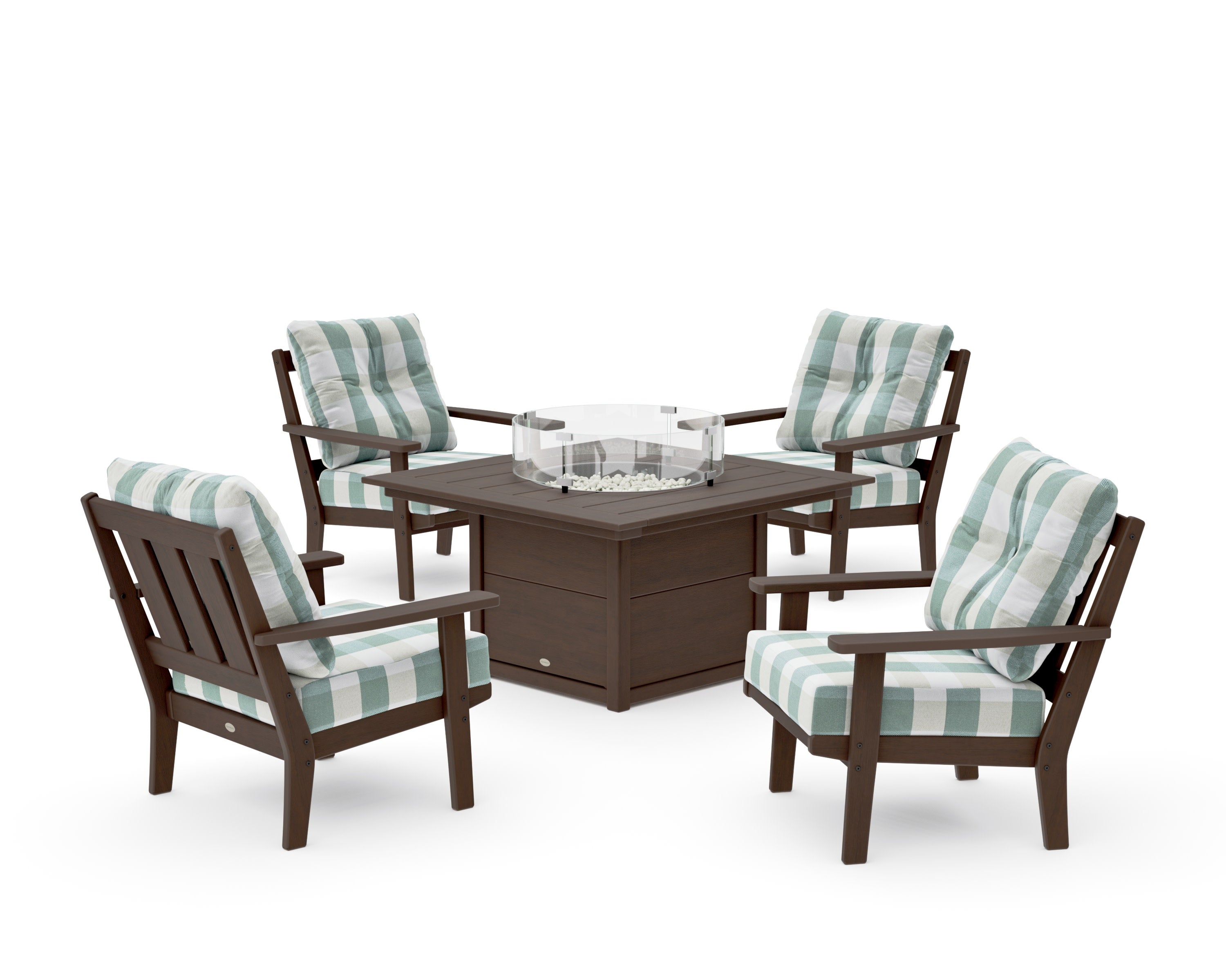 Oxford 5-Piece Deep Seating Set with Fire Pit Table in Kona / Buffalo Plaid Glacier Spa