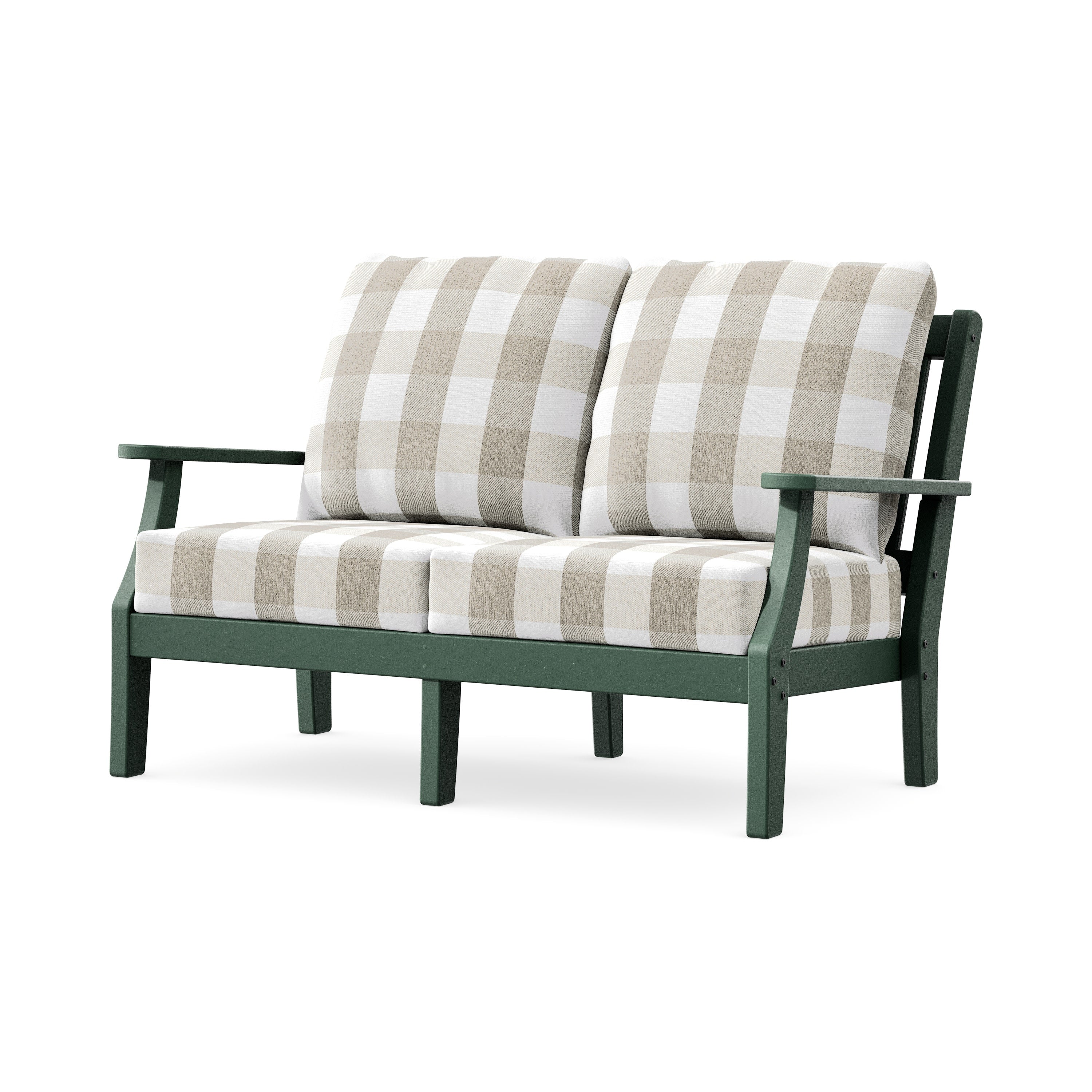 Chinoiserie Deep Seating Loveseat in Green / Buffalo Plaid Dune Burlap