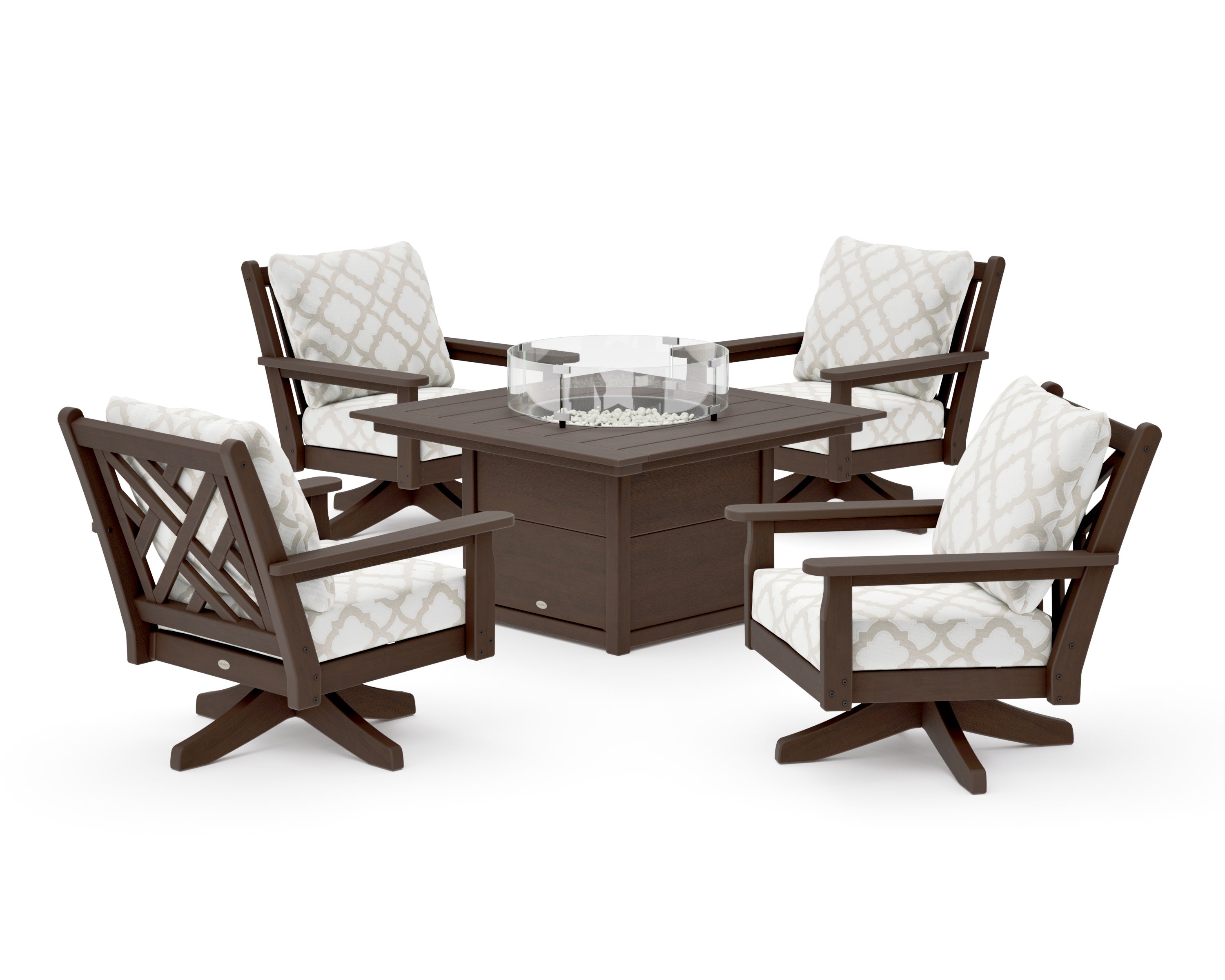Chippendale 5-Piece Deep Seating Swivel Conversation Set with Fire Pit Table in Kona / Trellis Dune Burlap
