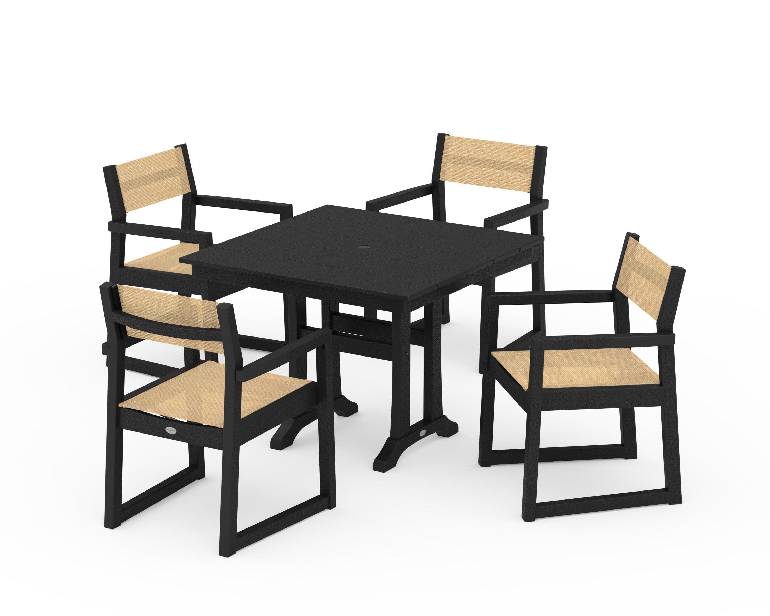 EDGE Sling 5-Piece Farmhouse Dining Set with Trestle Legs in Black / Dupioni Apricot Sling