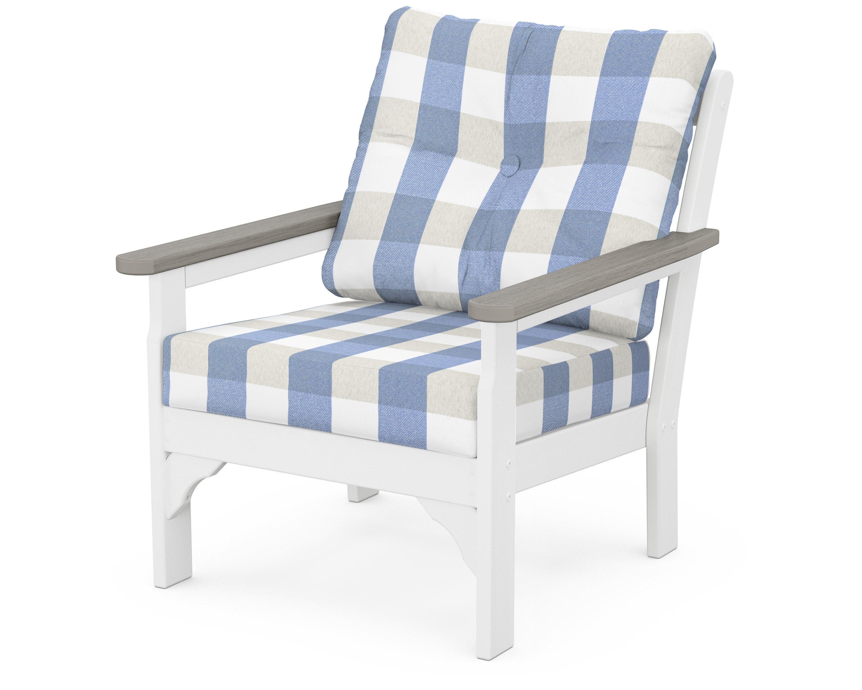 Vineyard Deep Seating Chair in White / Driftwood / Buffalo Plaid Sky Blue