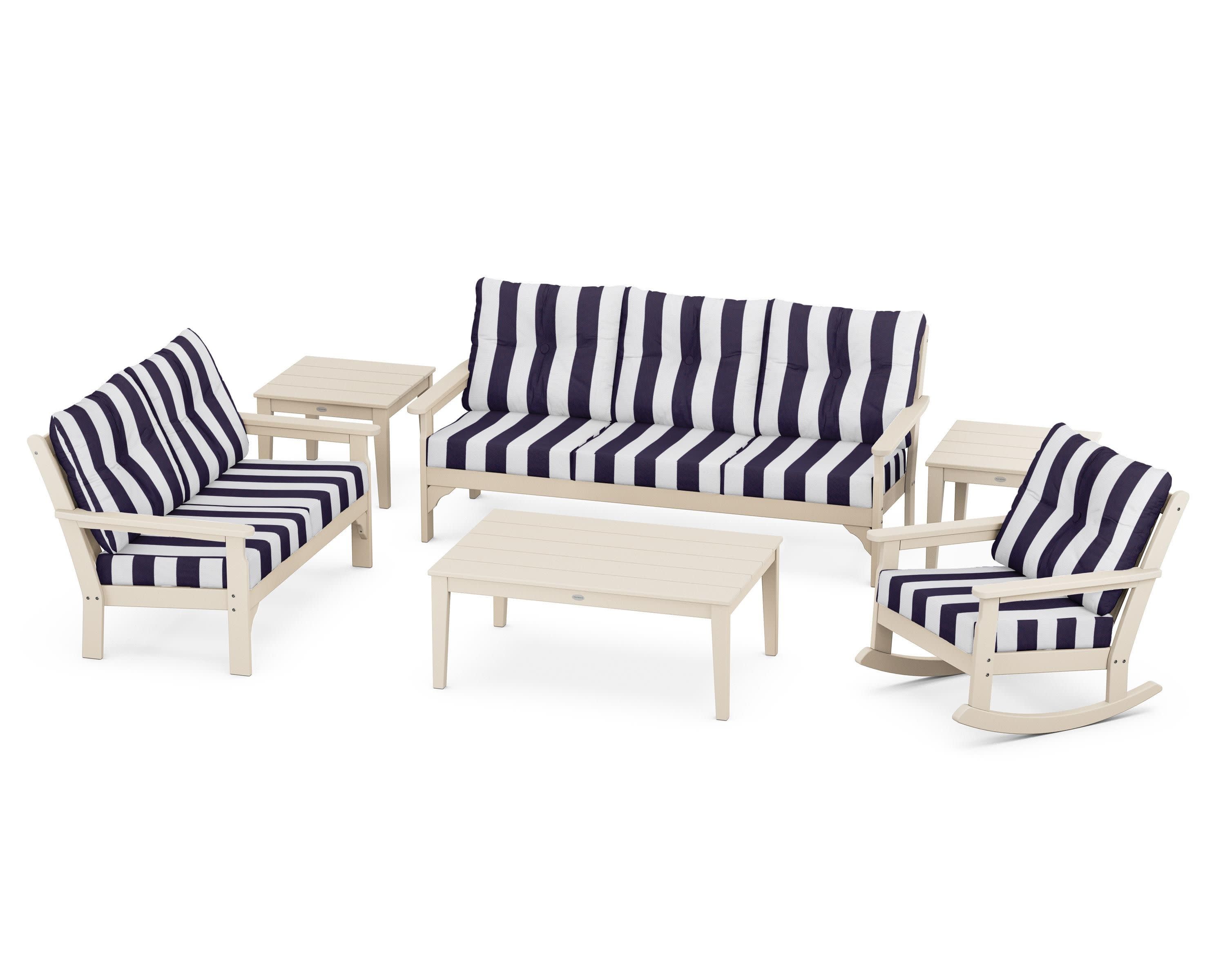 Vineyard 6-Piece Deep Seating Set in Sand / Cabana Stripe Navy