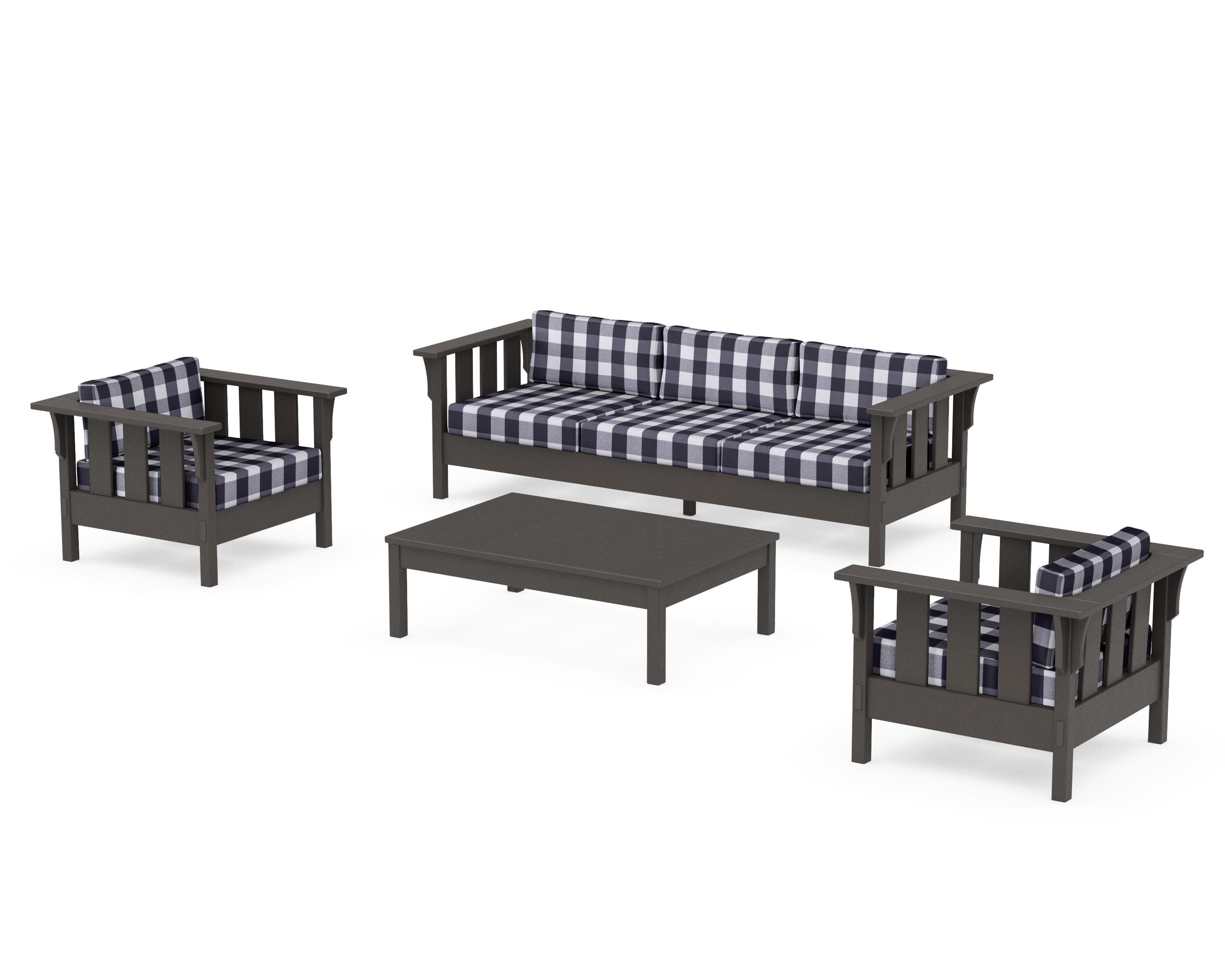 Acadia 4-Piece Deep Seating Set with Sofa in Vintage Coffee / Buffalo Plaid Navy