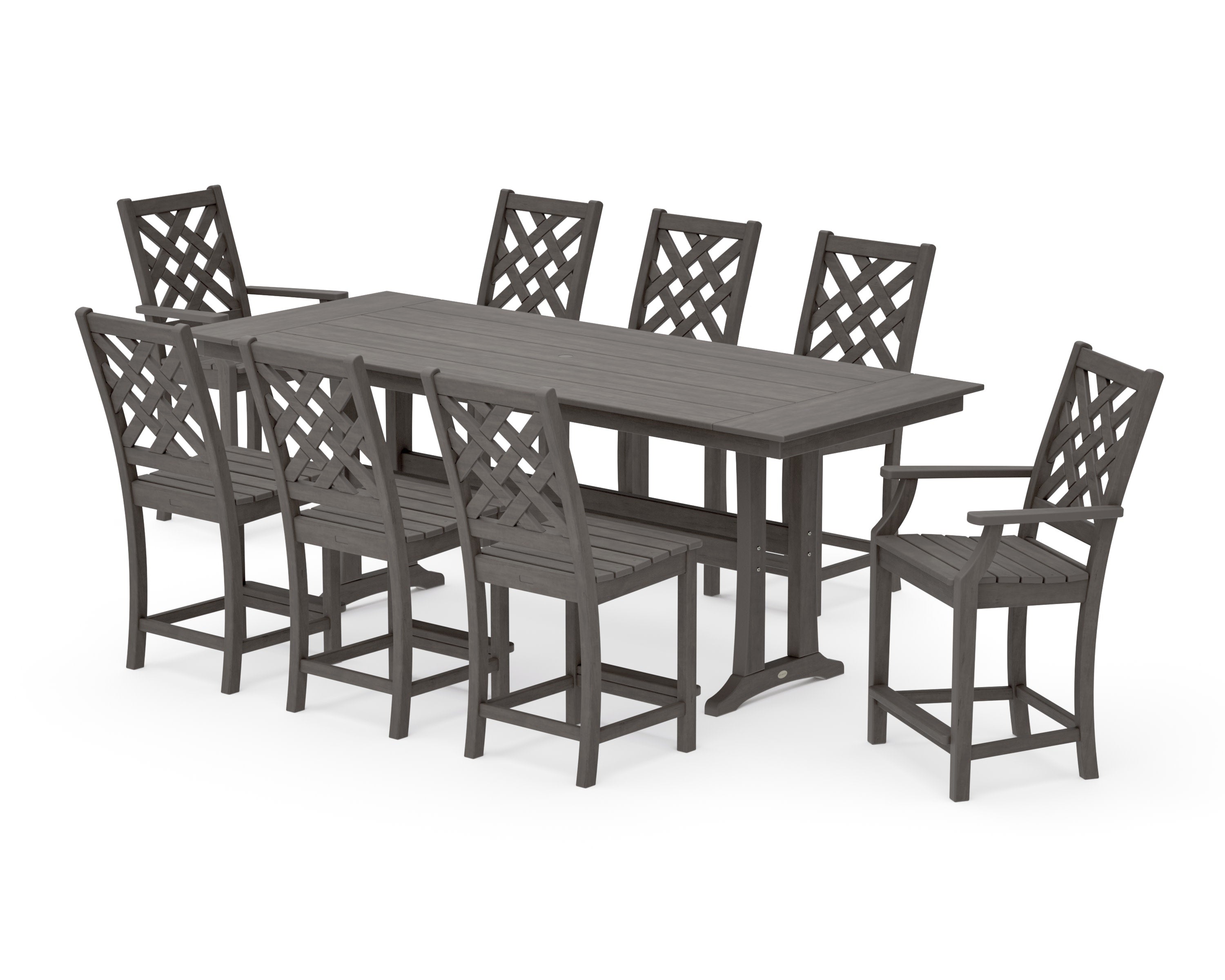 Wovendale 9-Piece Farmhouse Counter Set with Trestle Legs in Driftwood