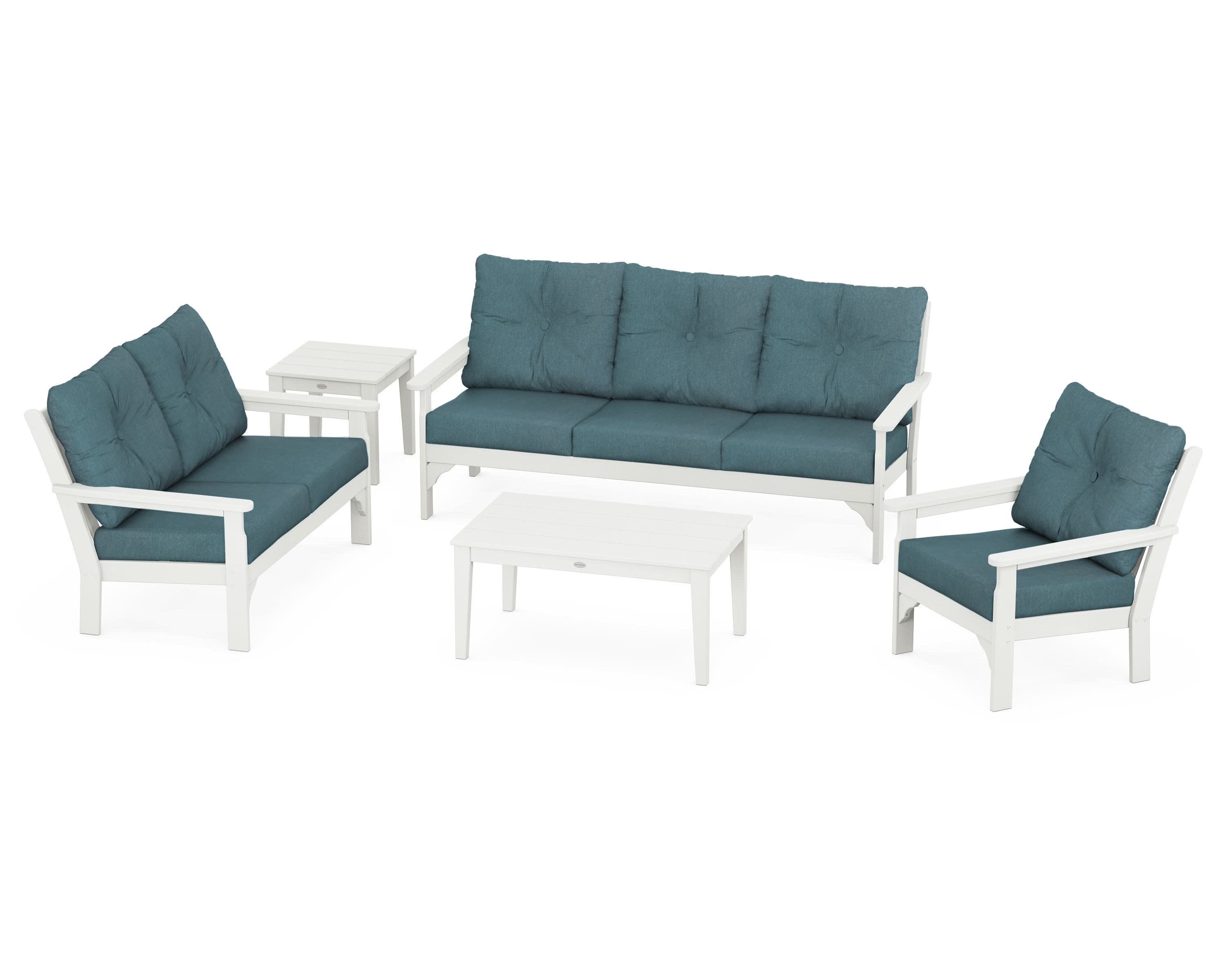 Vineyard 5 Piece Deep Seating Set in Vintage White / Ocean Teal