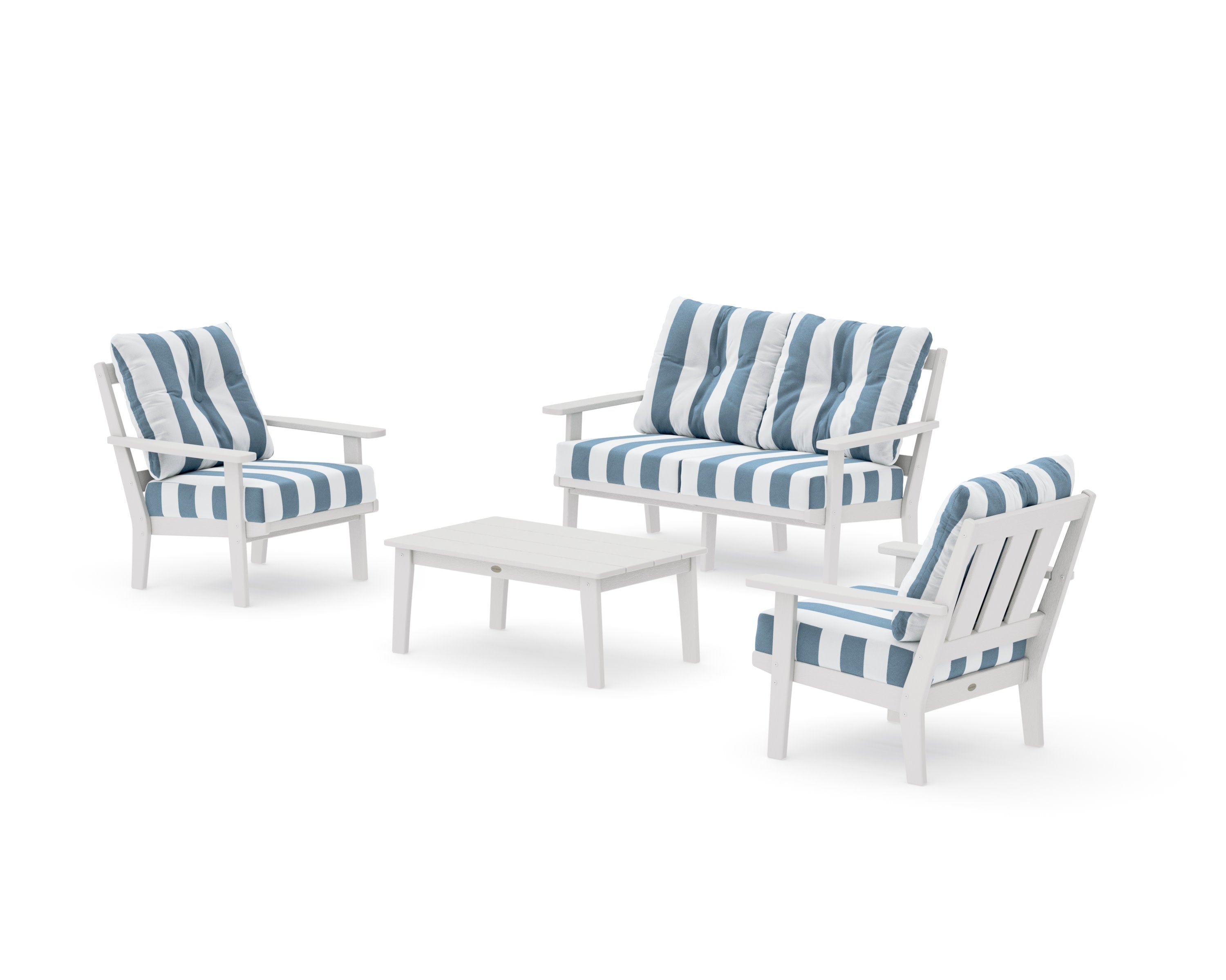 Oxford 4-Piece Deep Seating Set with Loveseat in Vintage White / Cabana Stripe Sky Blue