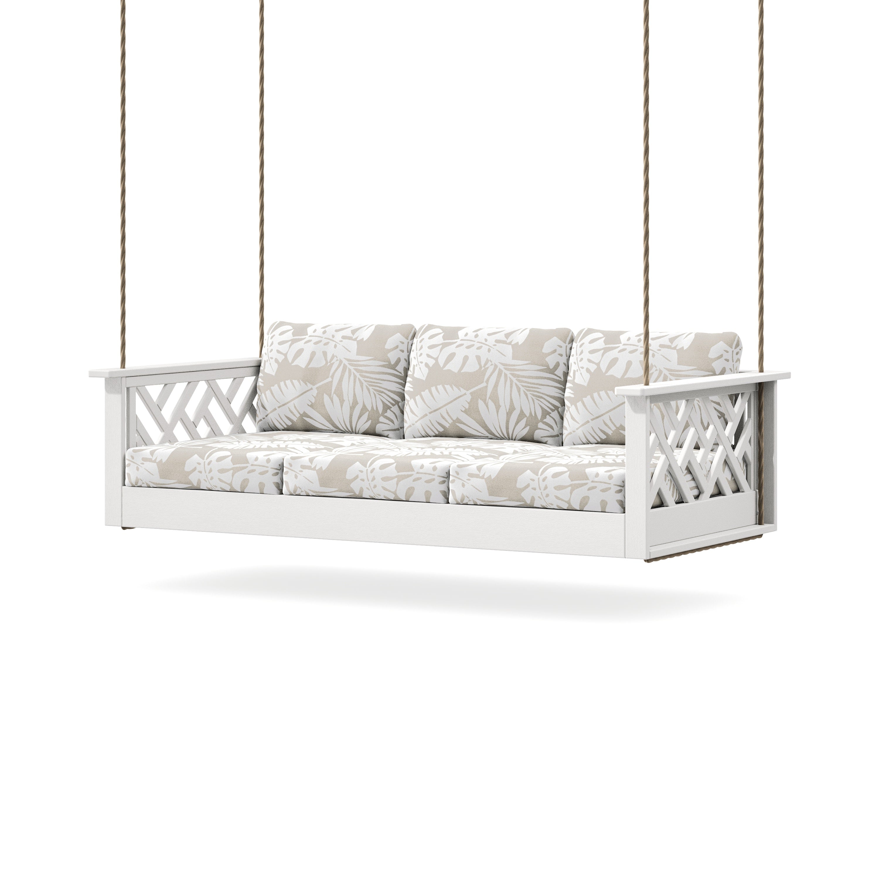 Chippendale Daybed Swing in Vintage White / Leaf Dune Burlap