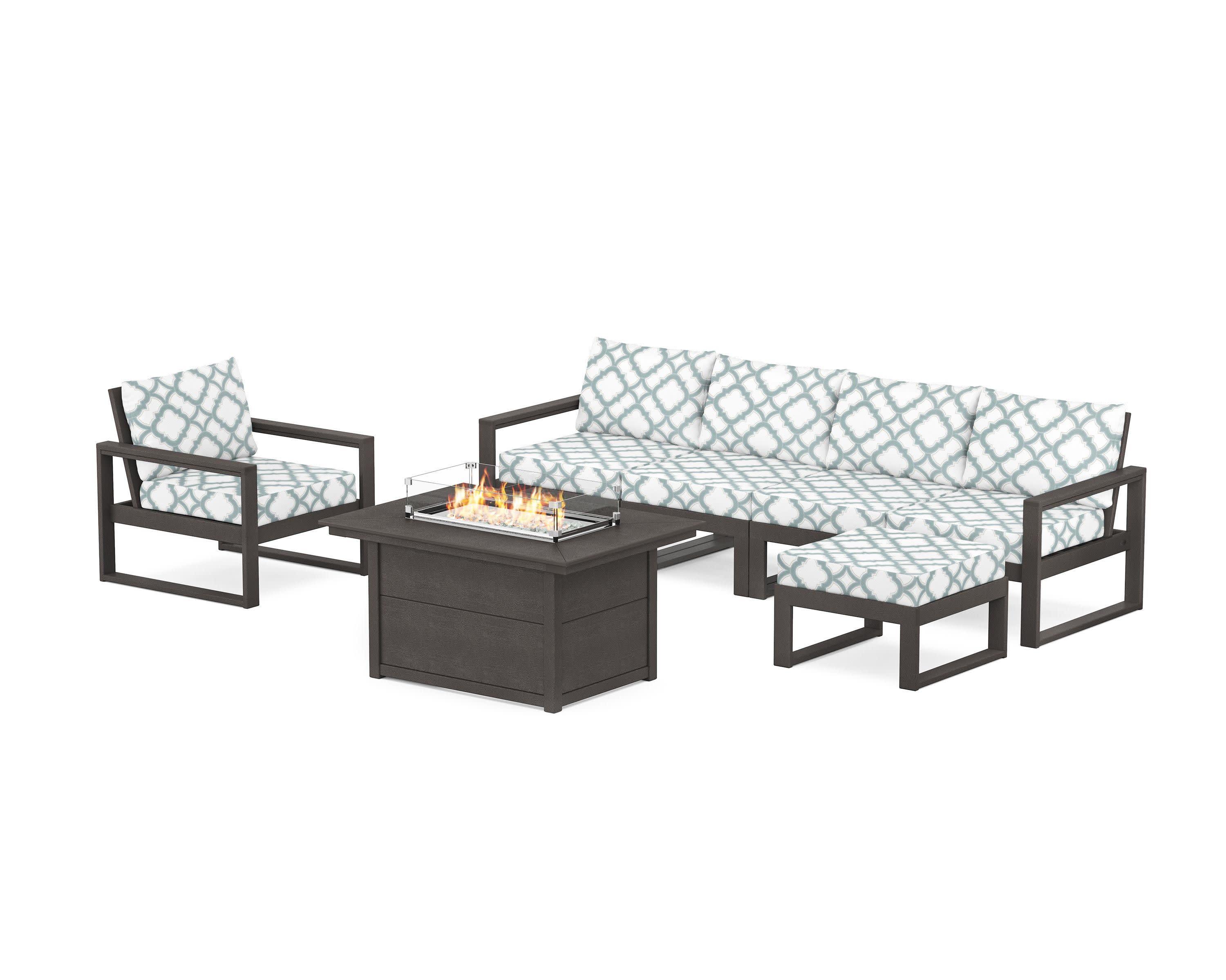 EDGE Sectional Lounge and Fire Pit Set in Vintage Coffee / Trellis Glacier Spa