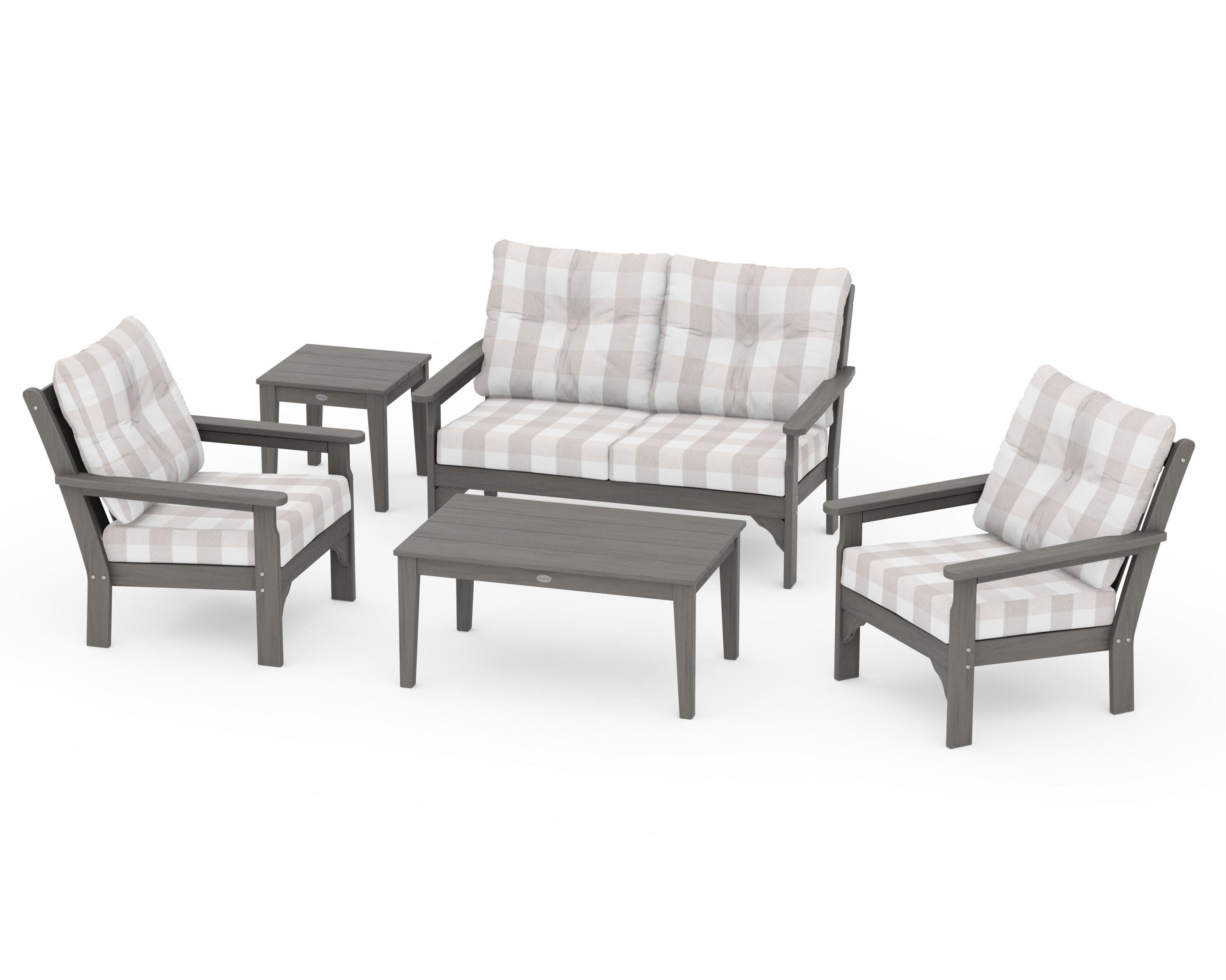 Vineyard 5-Piece Deep Seating Set in Driftwood / Buffalo Plaid Dune Burlap
