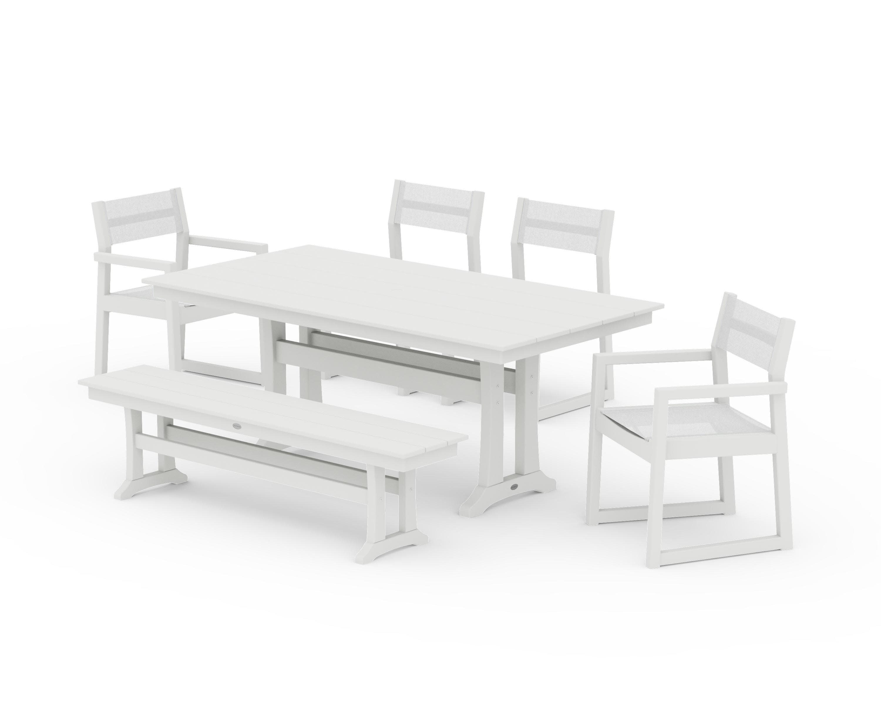 EDGE Sling 6-Piece Farmhouse Dining Set With Trestle Legs in Vintage White / White Sling