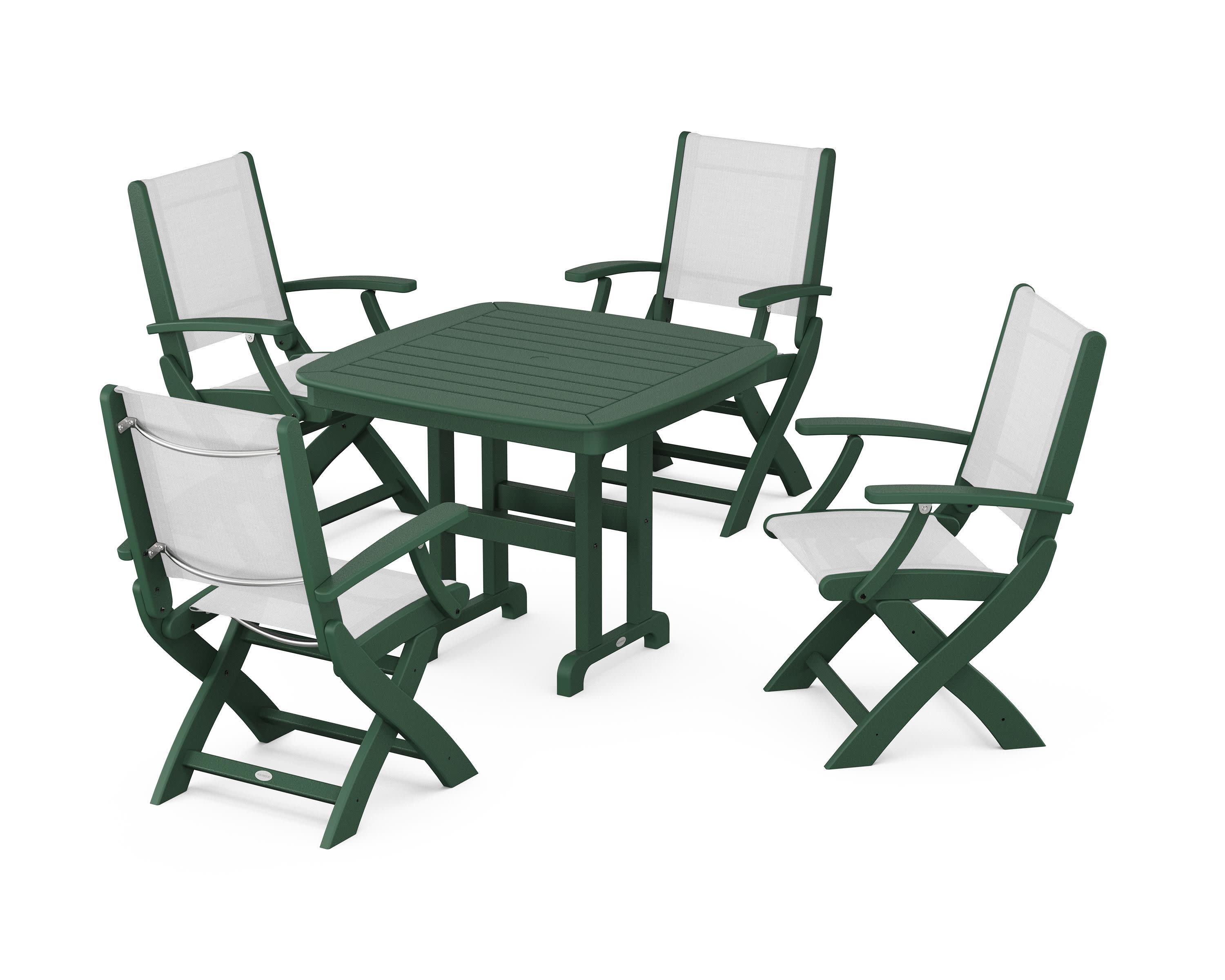 Coastal Folding Chair 5-Piece Dining Set in Green / White Sling