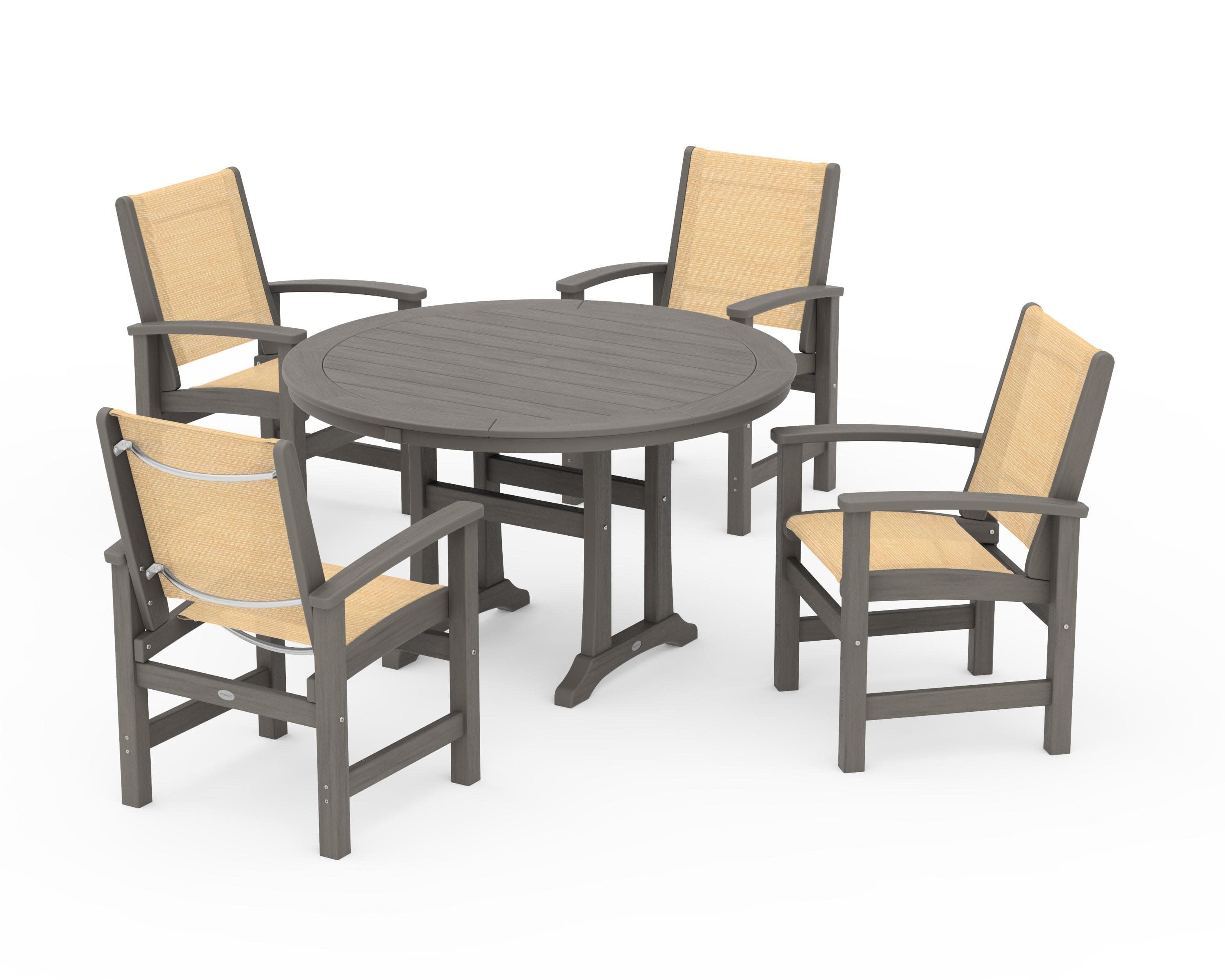 Coastal 5-Piece Round Dining Set with Trestle Legs in Driftwood / Dupioni Apricot Sling