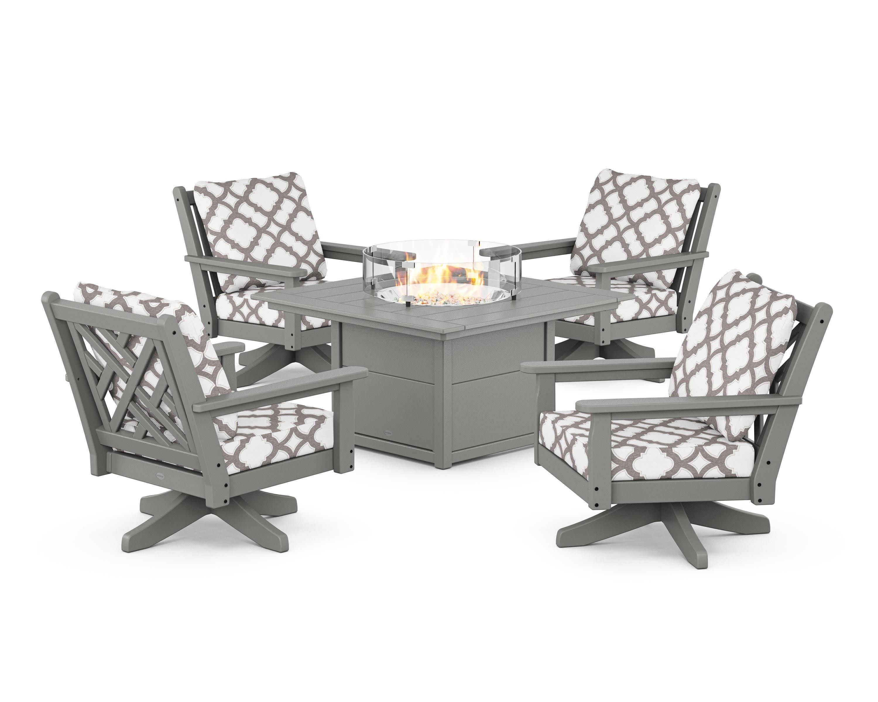 Chippendale 5-Piece Deep Seating Swivel Conversation Set with Fire Pit Table in Slate Grey / Trellis Grey Mist