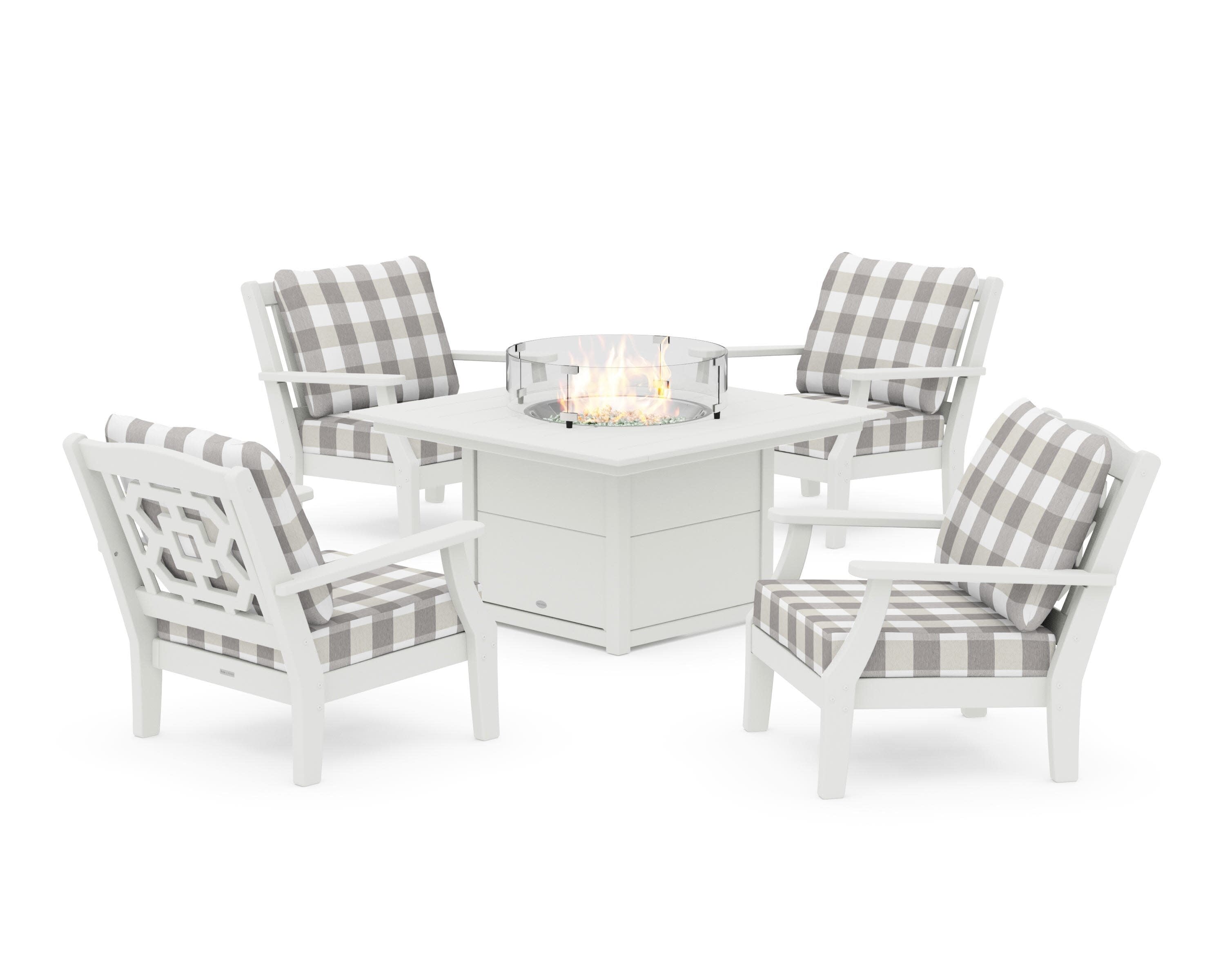 Chinoiserie 5-Piece Deep Seating Set with Fire Pit Table in Vintage White / Buffalo Plaid Grey Mist