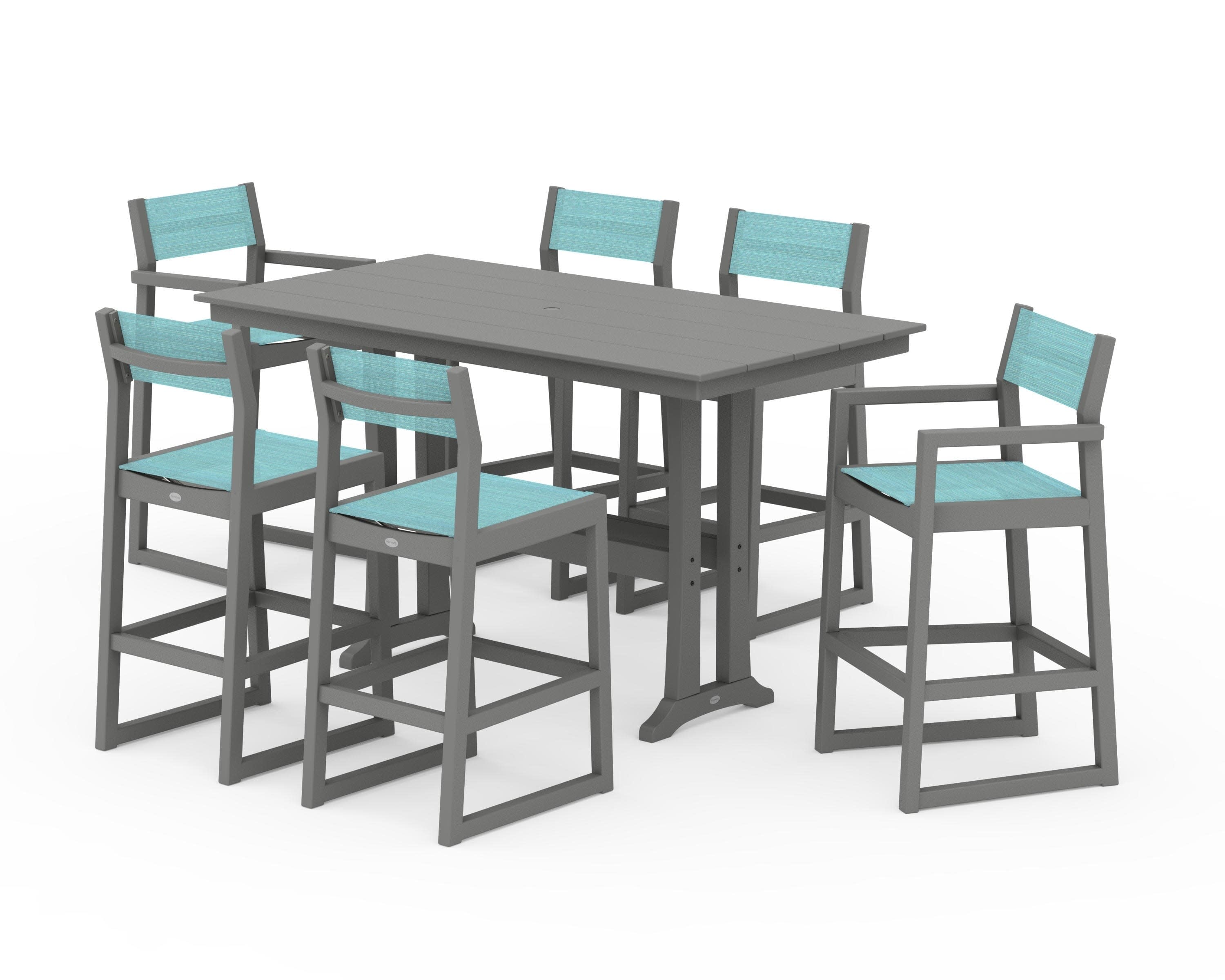 EDGE Sling 7-Piece Farmhouse Bar Set with Trestle Legs in Slate Grey / Dupioni Aquamarine Sling