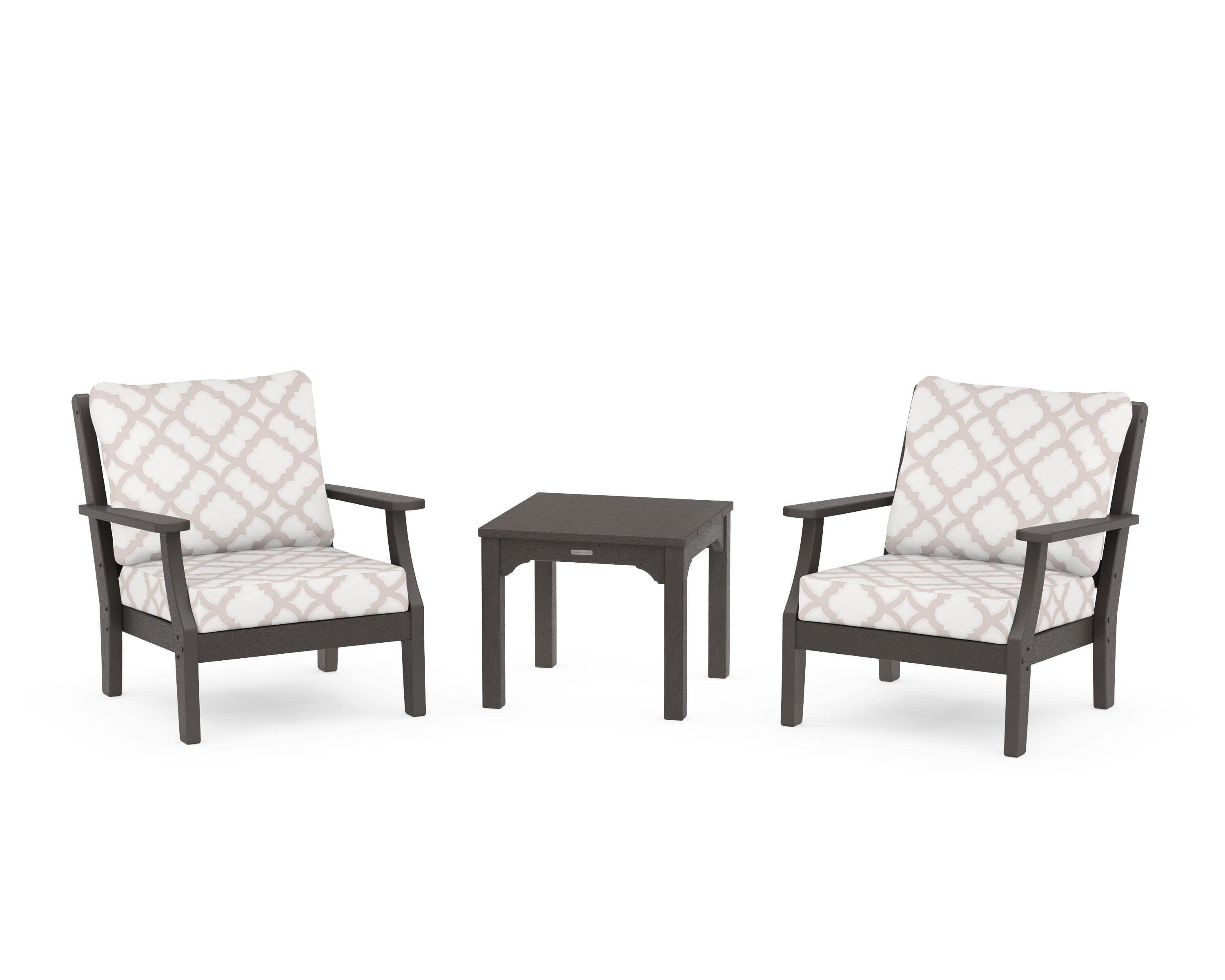 Chinoiserie 3-Piece Deep Seating Set in Vintage Coffee / Trellis Dune Burlap