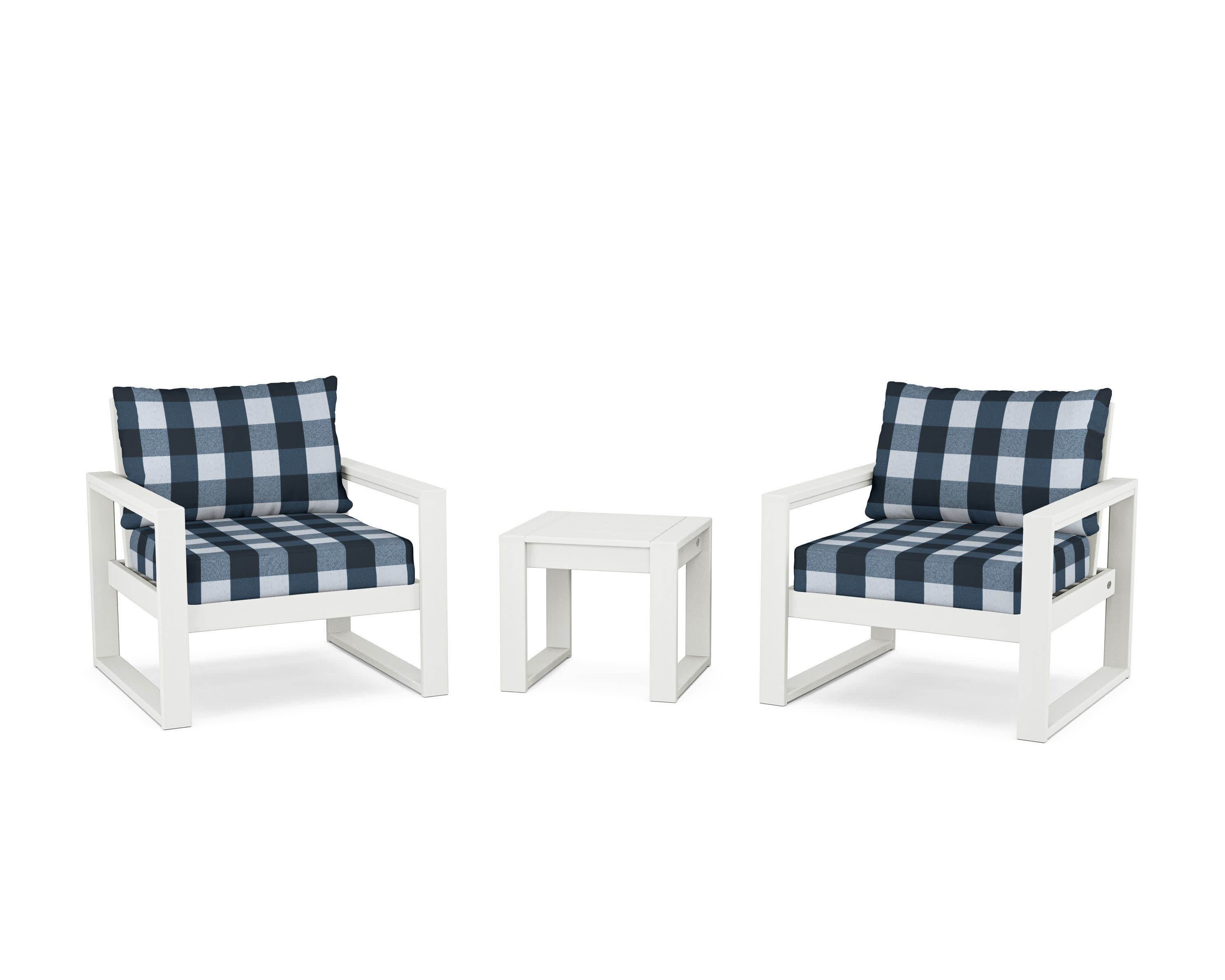 EDGE Sectional 3-Piece Deep Seating Set in Vintage White / Buffalo Plaid Marine Indigo
