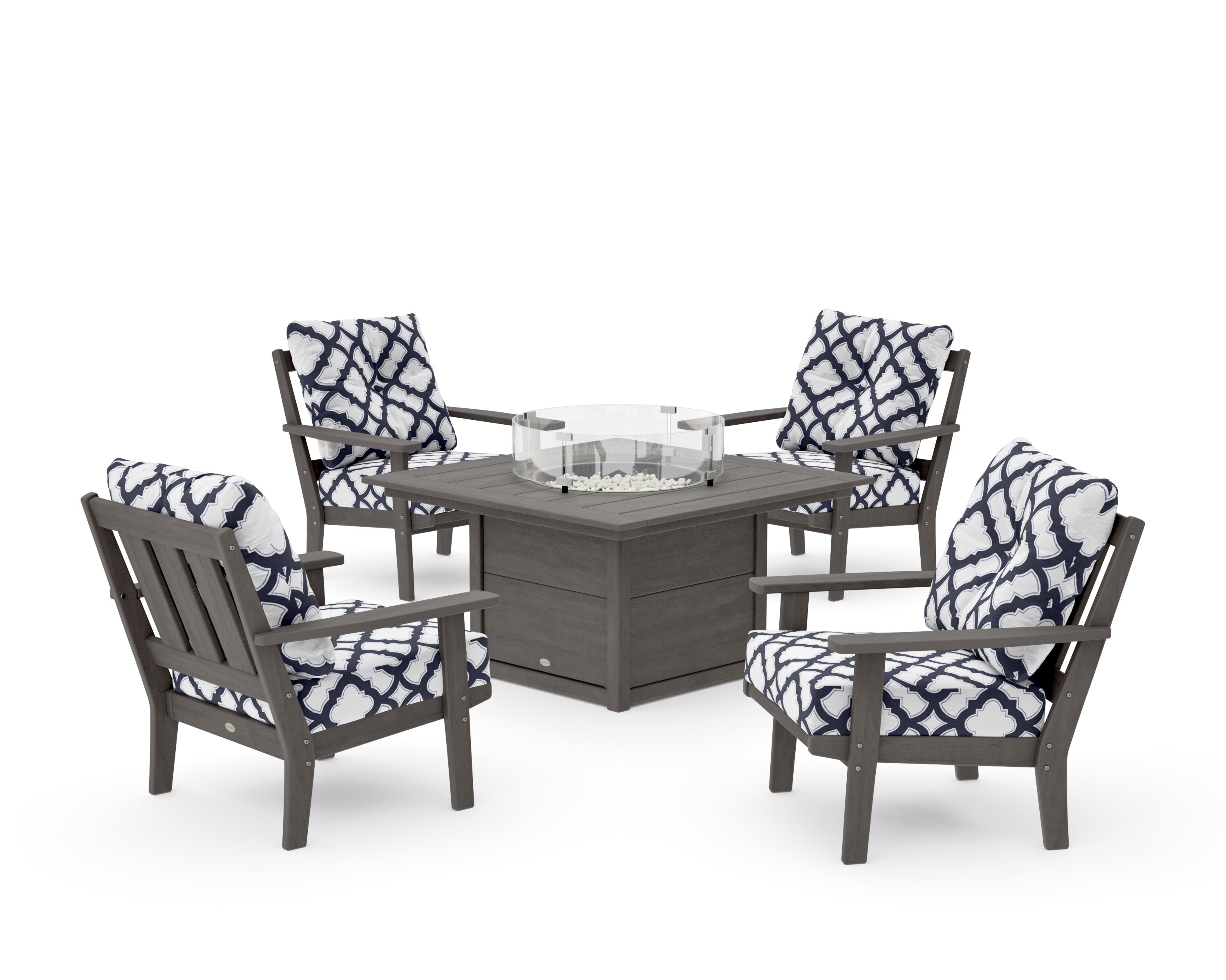 Oxford 5-Piece Deep Seating Set with Fire Pit Table in Driftwood / Trellis Navy