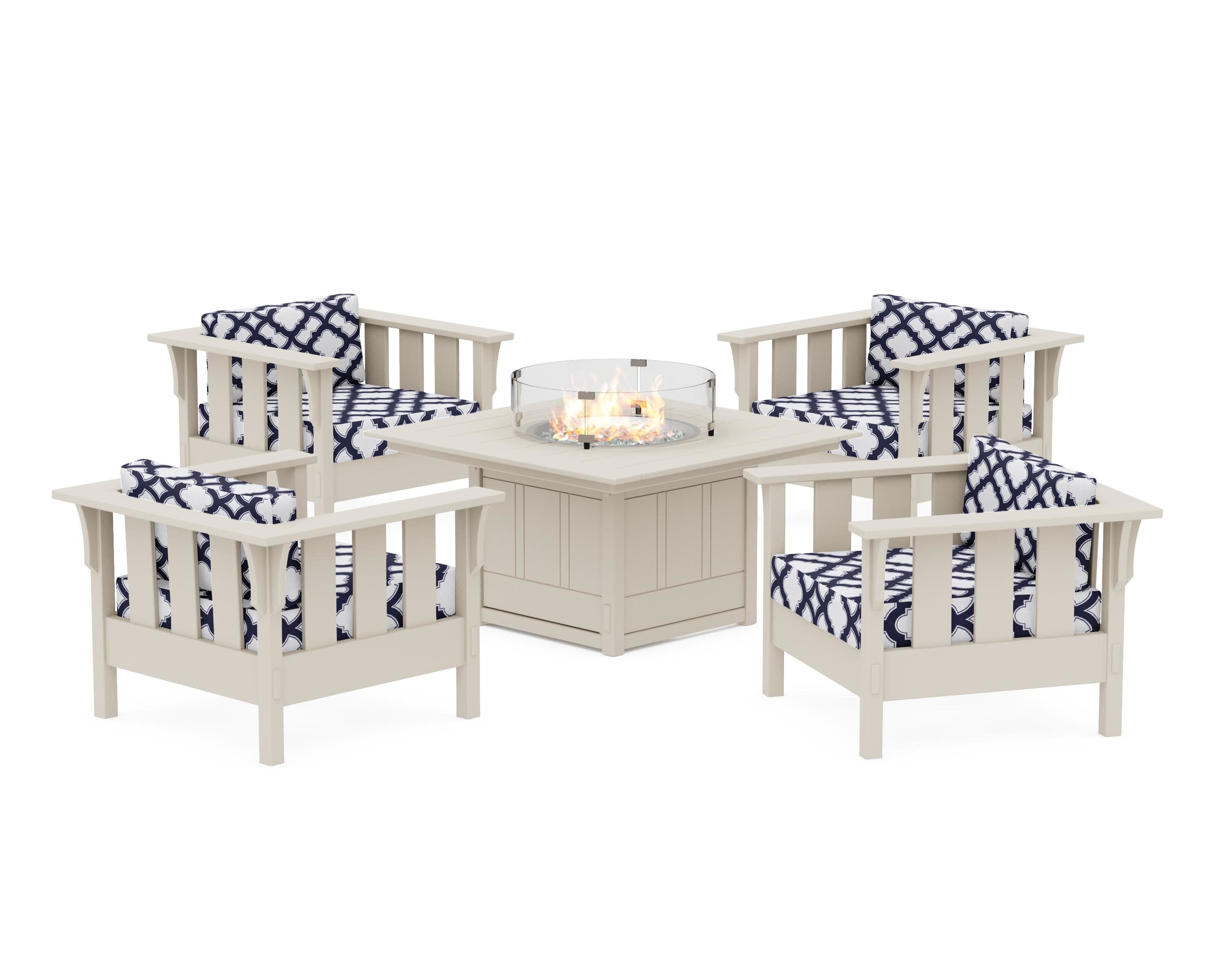 Acadia 5-Piece Deep Seating Set with Fire Pit Table in Sand / Trellis Navy