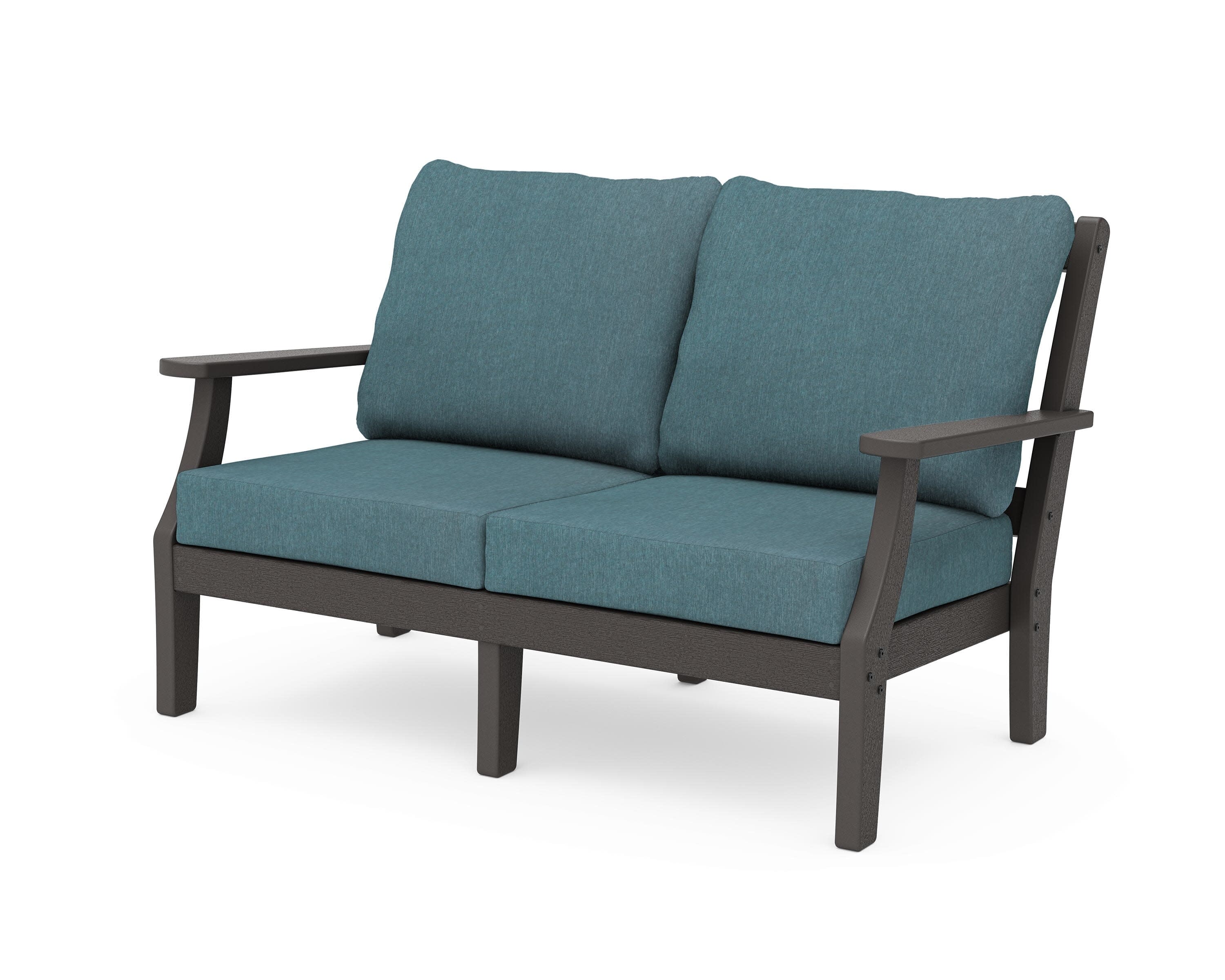 Chinoiserie Deep Seating Loveseat in Vintage Coffee / Ocean Teal