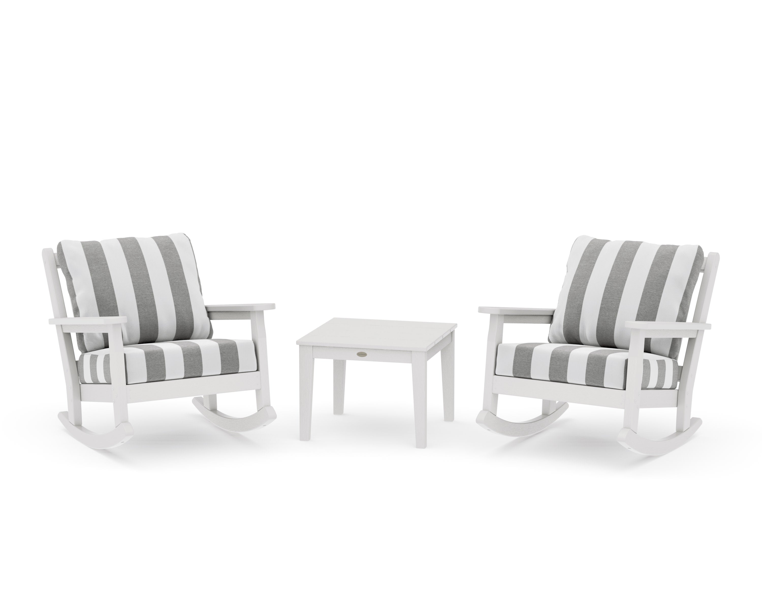 Chippendale 3-Piece Deep Seating Rocker Set in Vintage White / Cabana Stripe Grey Mist