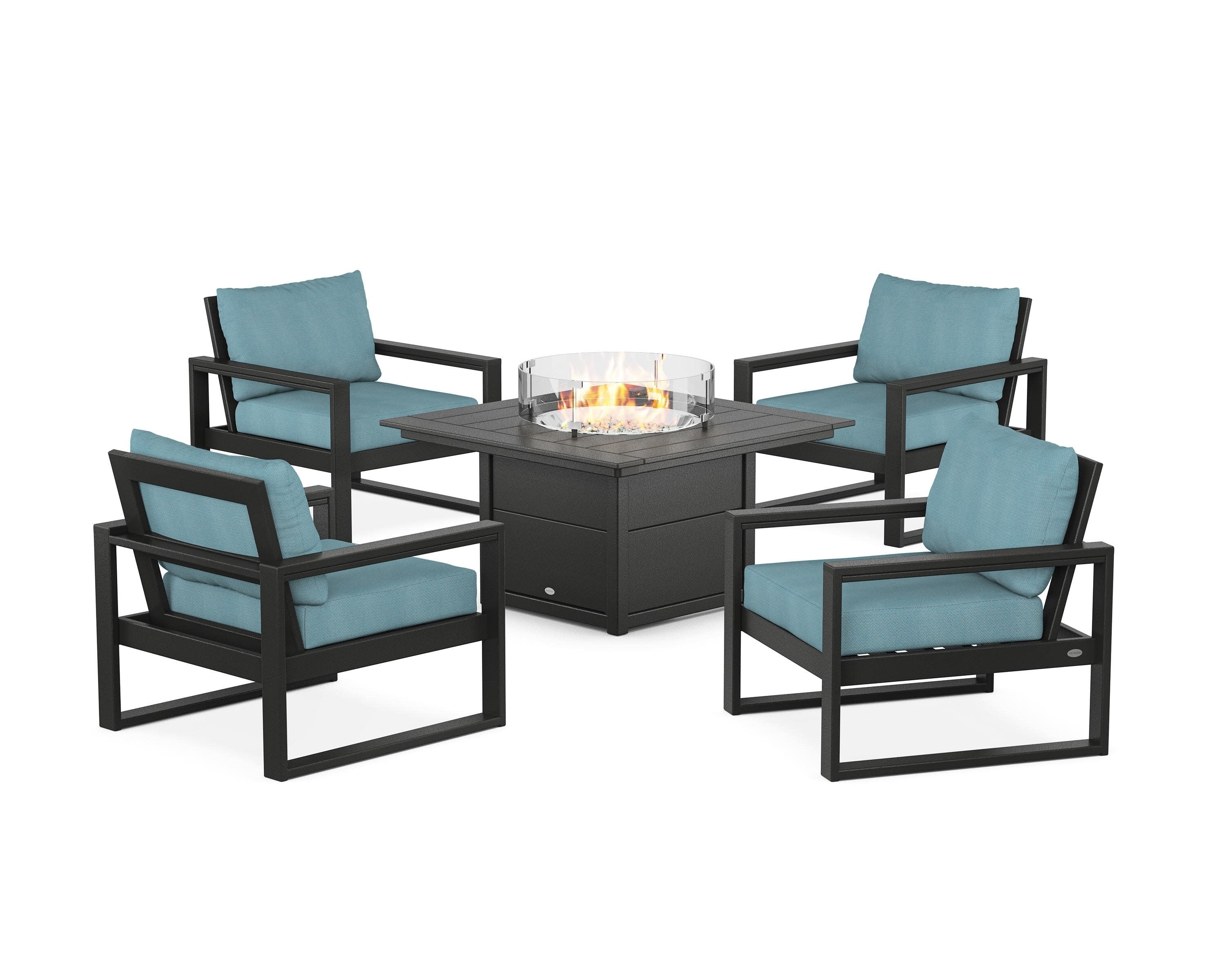 EDGE Sectional 5-Piece Deep Seating Set with Fire Pit Table in Black / Lattice Sky Blue