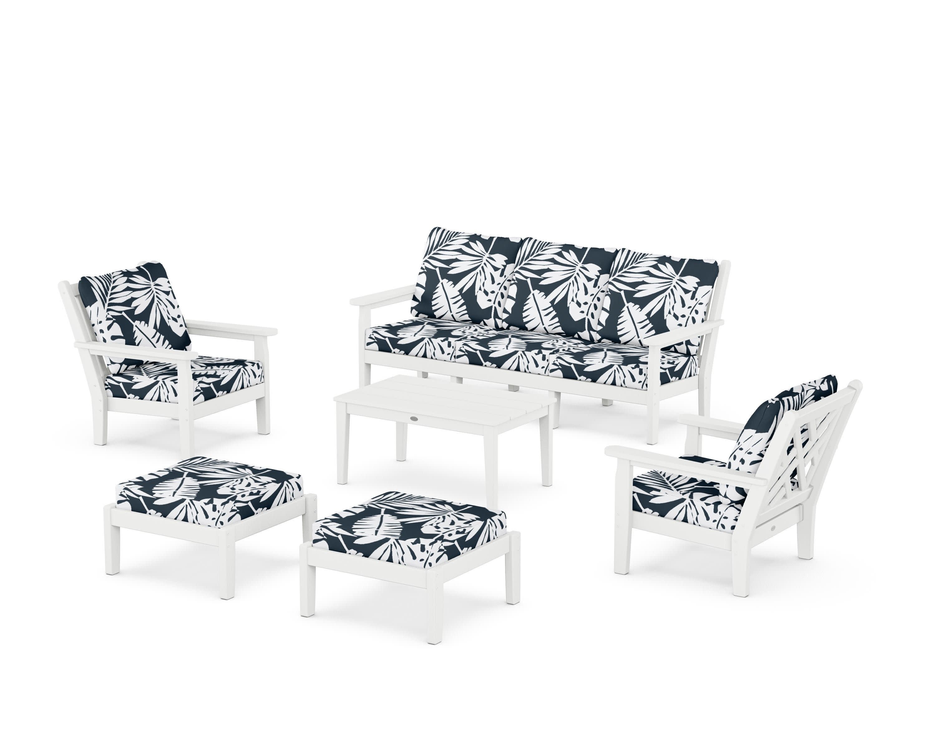 Chippendale 6-Piece Lounge Sofa Set in White / Leaf Marine Indigo