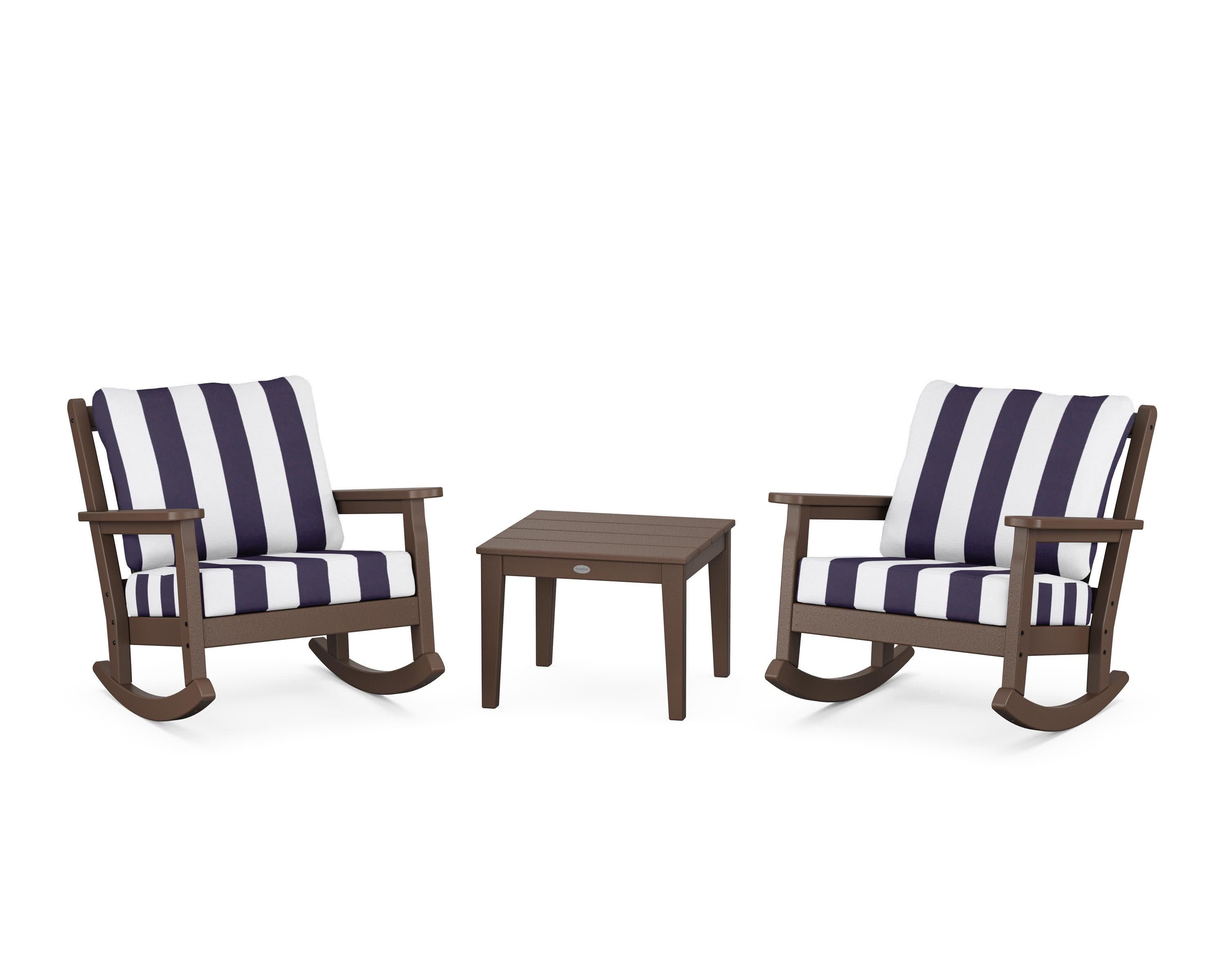 Chippendale 3-Piece Deep Seating Rocker Set in Mahogany / Cabana Stripe Navy