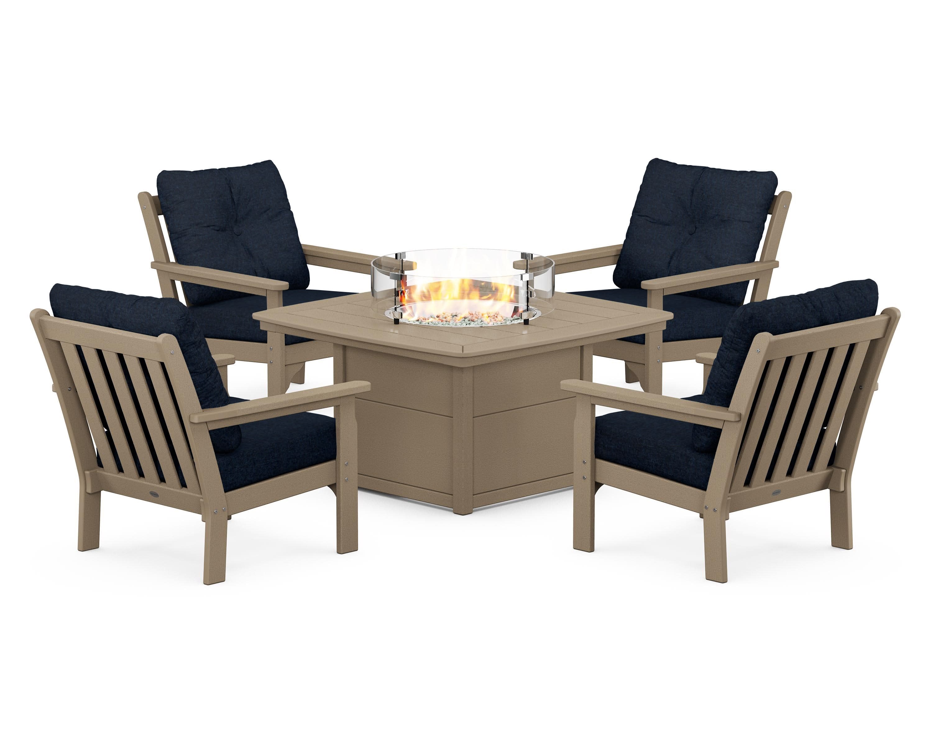 Vineyard 5-Piece Conversation Set with Fire Pit Table in Vintage Sahara / Marine Indigo