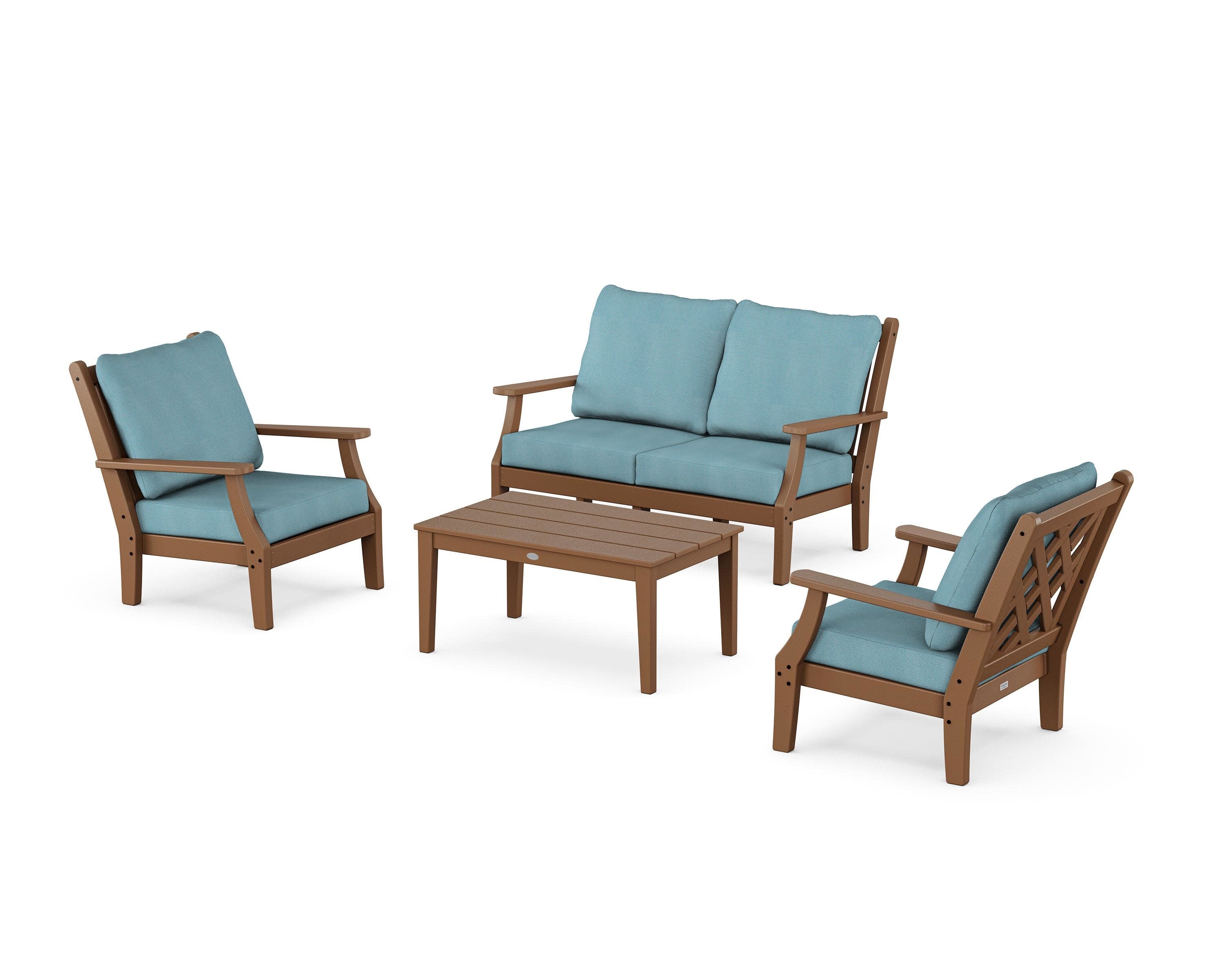 Wovendale 4-Piece Deep Seating Set with Loveseat in Teak / Lattice Sky Blue