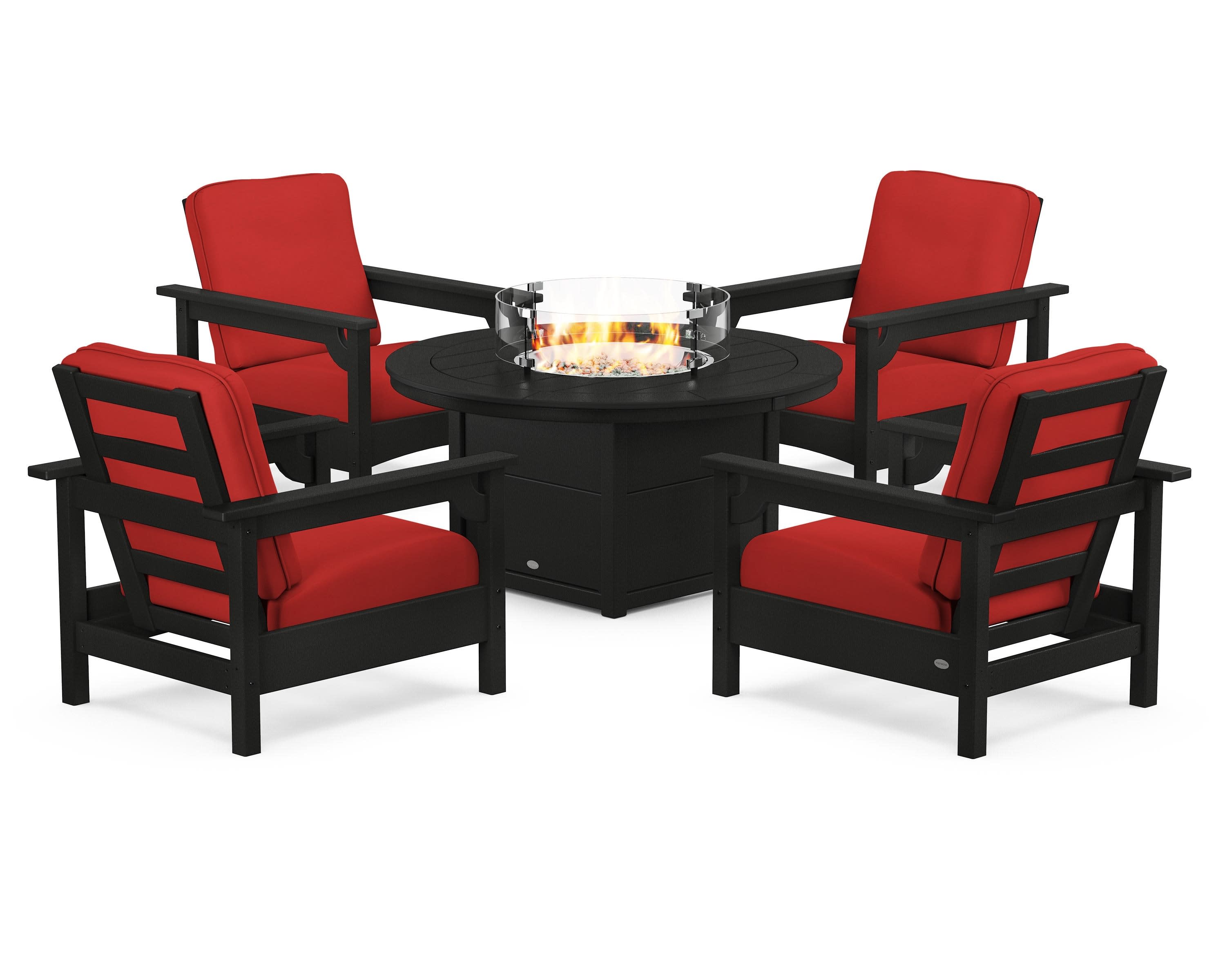 Club 5-Piece Conversation Set with Fire Pit Table in Black / Crimson Linen
