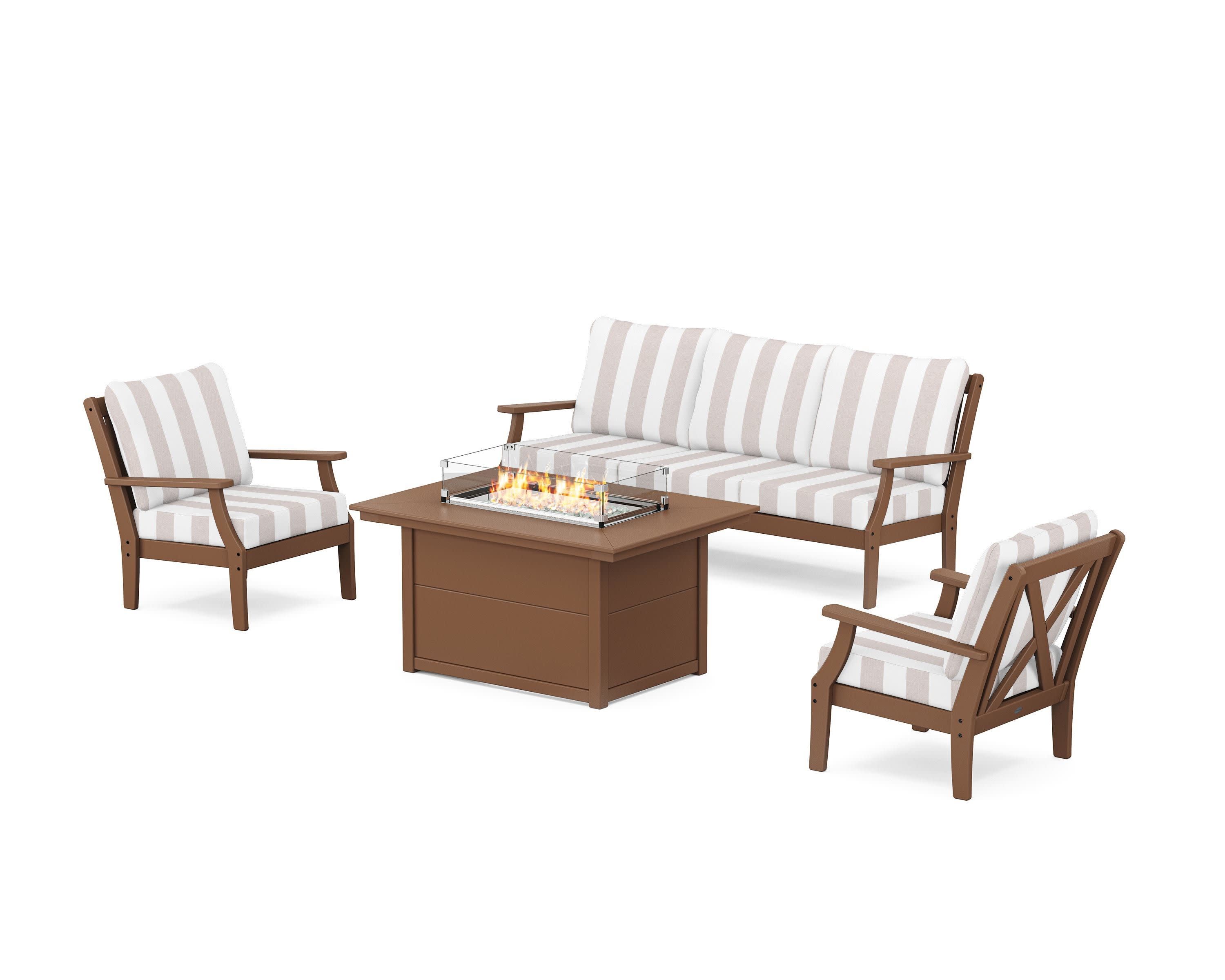 Braxton Deep Seating Fire Pit Table Set in Teak / Cabana Stripe Dune Burlap