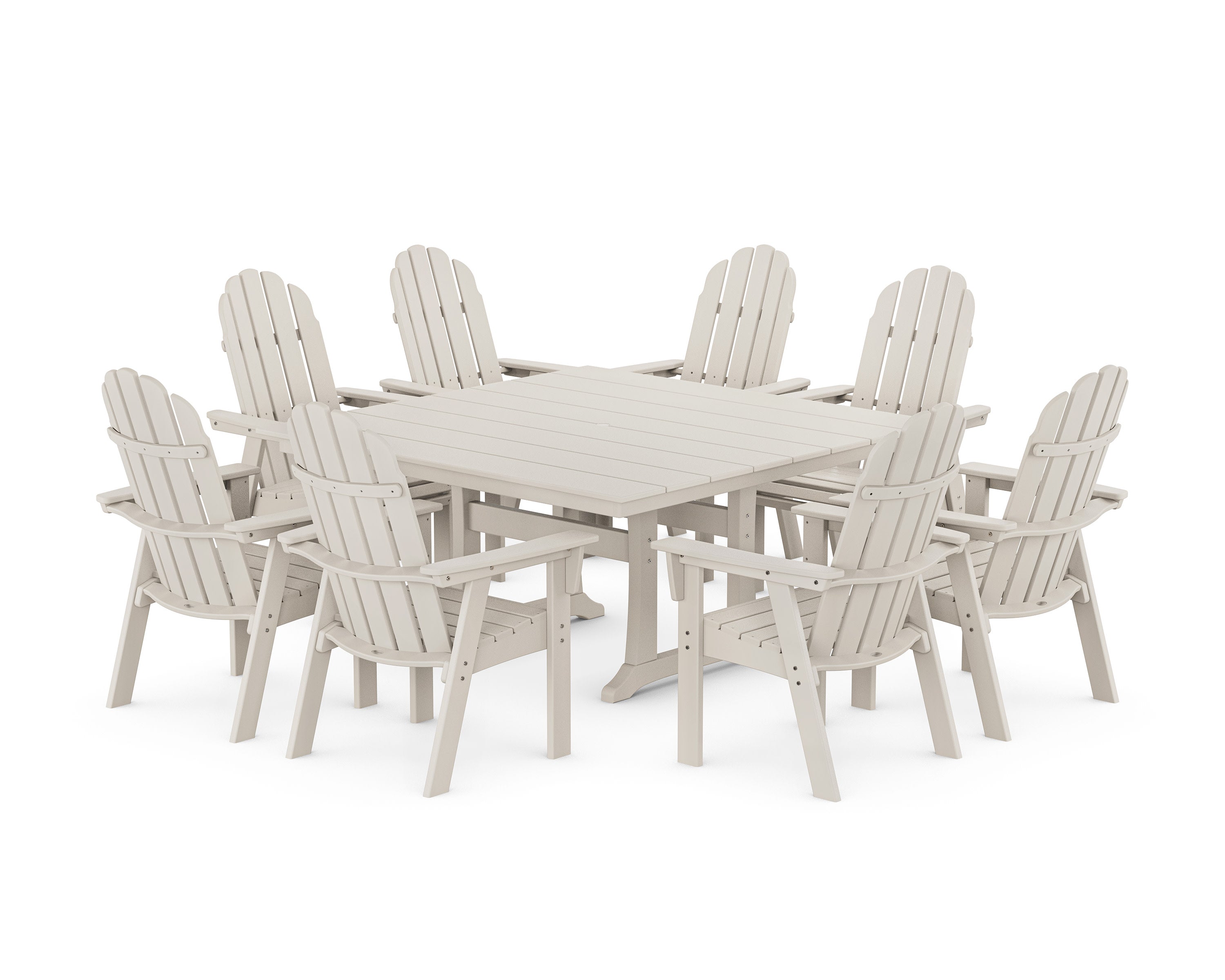 Vineyard Curveback Adirondack 9-Piece Square Farmhouse Dining Set with Trestle Legs in Sand