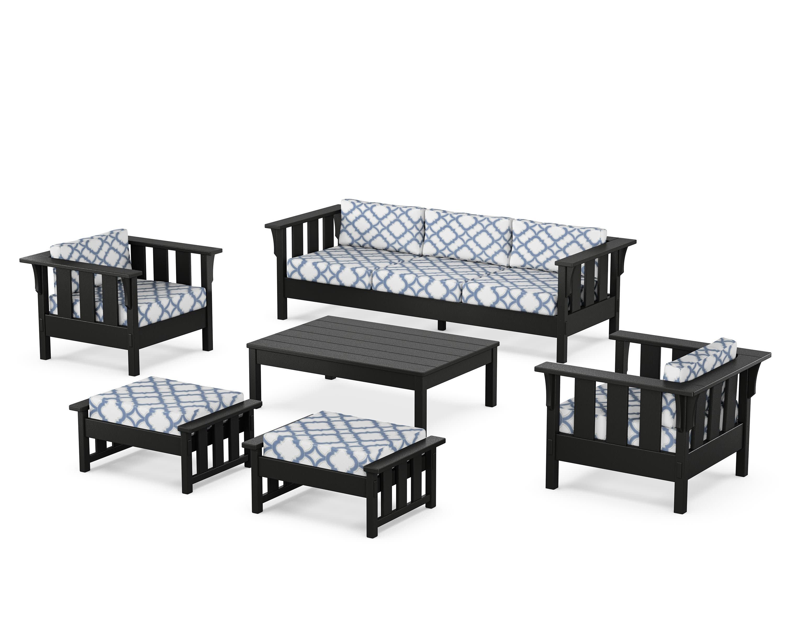 Acadia 6-Piece Lounge Sofa Set in Black / Trellis Sky Blue